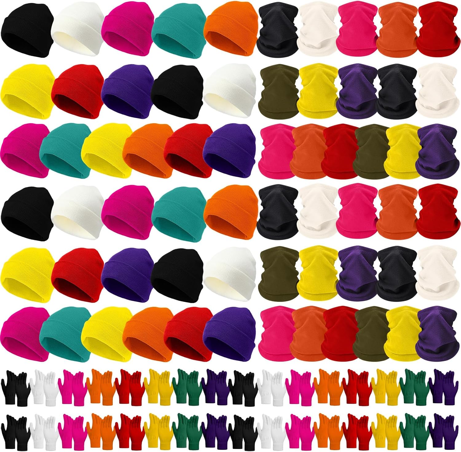 Yunsailing 96 Pcs Winter Beanie Hat Gloves Scarf Set Bulk for Snow Homeless Knit Skull Cap Fleece Neck Warmer for Adult