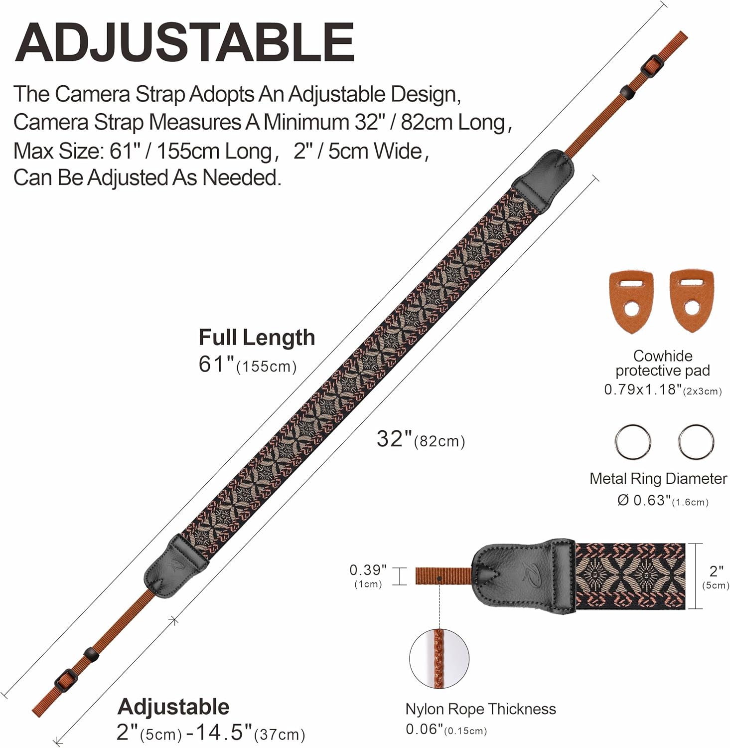 Padwa Lifestyle Camera Strap - Double Layer Cowhide Ends,2" Pure Cotton Embroidered Woven Camera Straps - Image 4