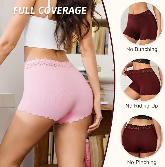 Womens BoyShorts Underwear Lace High Waisted Seamless Panties No Show Full Coverage Ladies Boxer Briefs 5 Pack