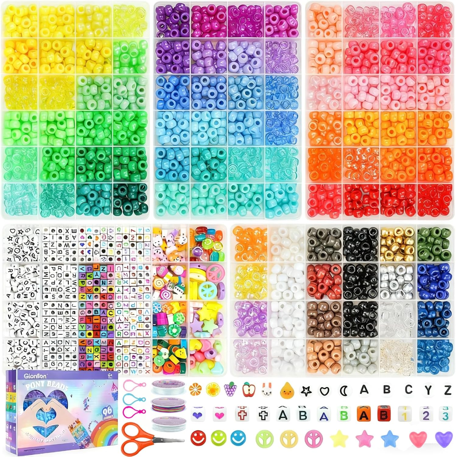 Gionlion 96 Colors 3550 Pcs Pony Beads Bracelet Making Kit, 5 Boxes Friendship Bracelet Kit with Letter Beads 6x9mm Rainbow Kandi Bead for Bracelets Jewelry Keychain Making Kit, Crafts Gifts