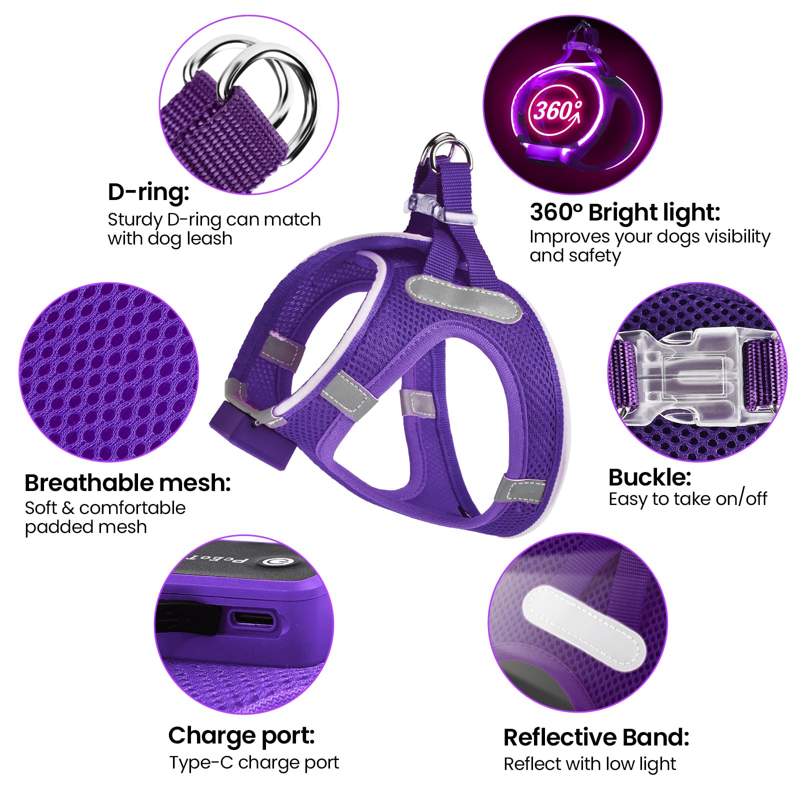 Light Up Dog Harness with Rechargeable LED, Waterproof Reflective Dog Harness Glow in the Dark - Image 4
