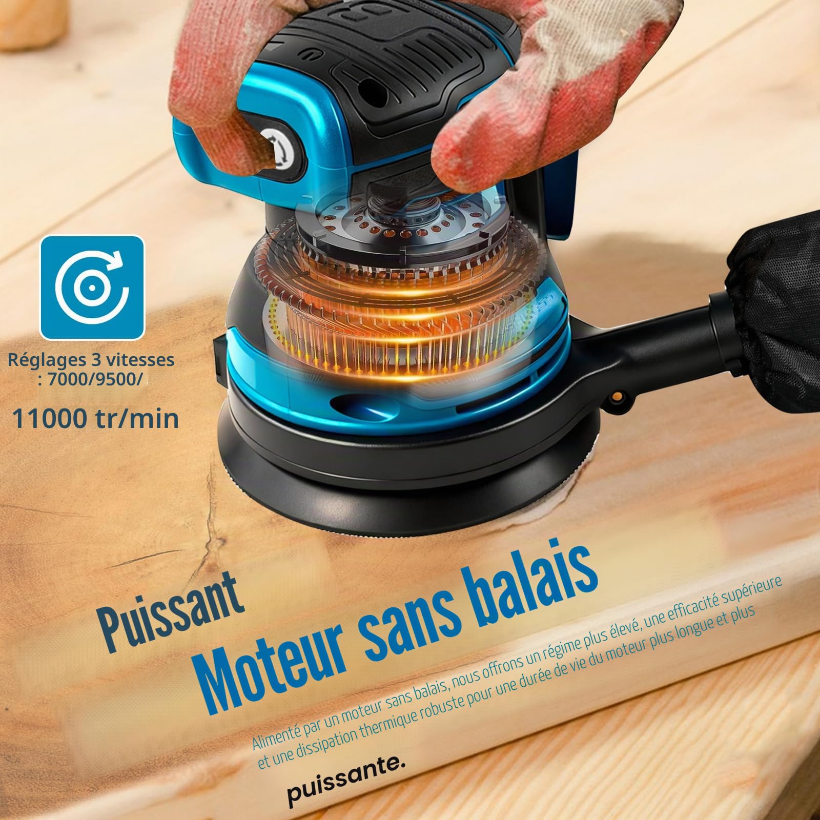 Ponceuse orbitale à mouvements aléatoires sans balai pour compatible avec batterie Makita 18V, ponceuse électrique sans balai à mouvements aléatoires à prise de 5 pouces avec 20 pièces de papier
