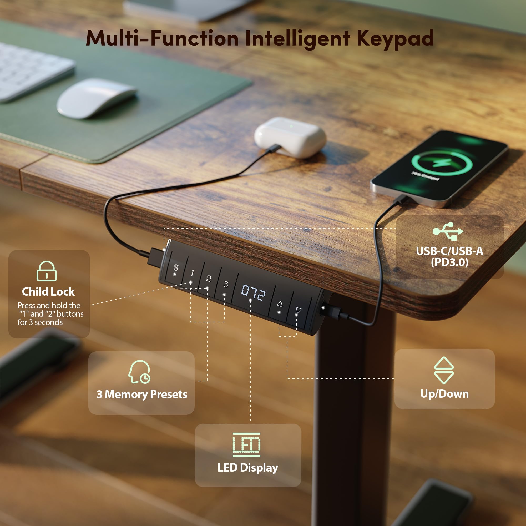 FEZIBO Höhenverstellbarer Schreibtisch mit USB-A und USB-C-Ladeanschlüssen, 160 x 80 cm Schreibtisch Höhenverstellbar Elektrisch, Ergonomischer Steh-Sitz Tisch für Heimbüro, Standing Desk, Braun