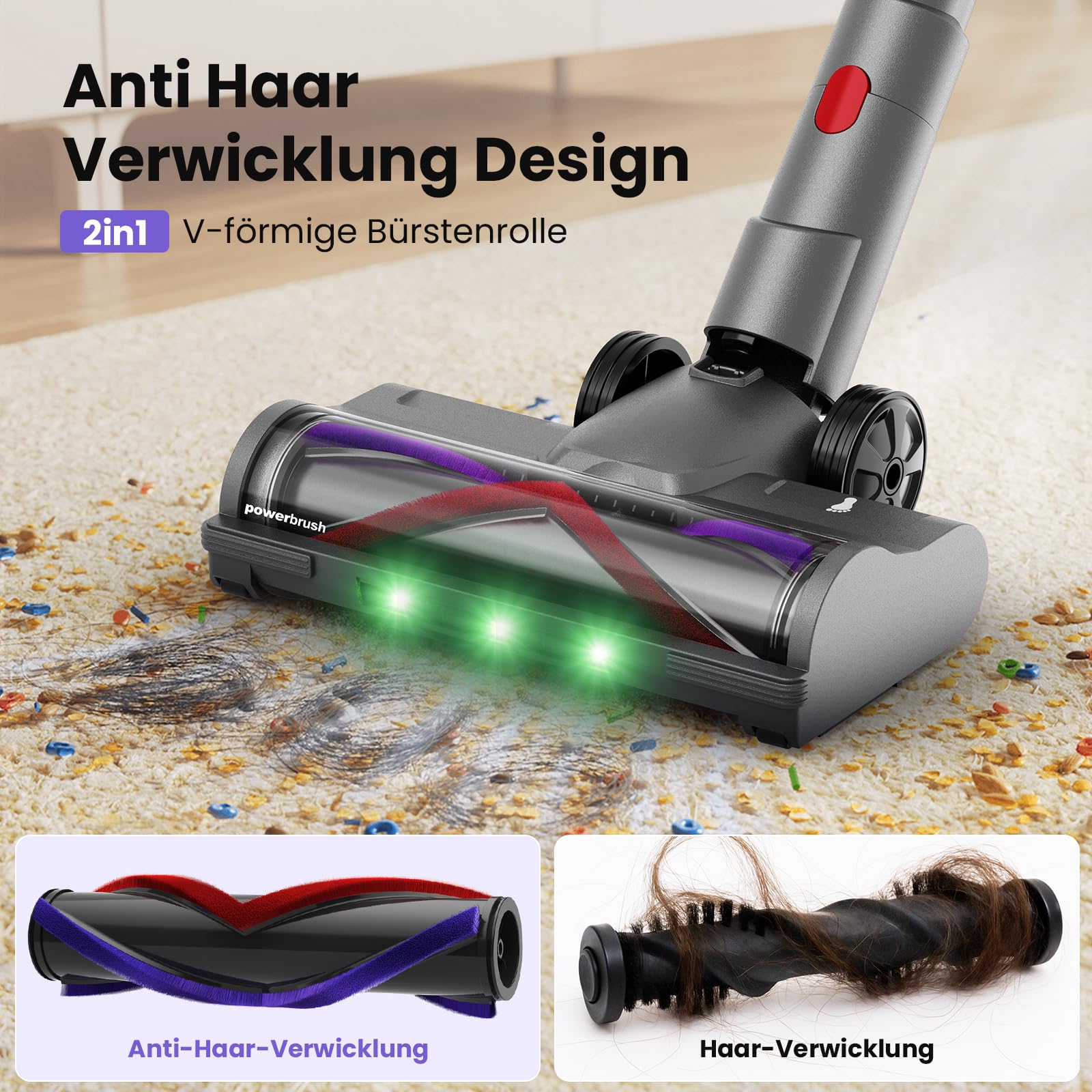 Akku Staubsauger, 600W/58000Pa/75Min, Laufzeit Staubsauger Kabellos mit Smart LED Display und Ladestation, Selbststehender Akkusauger mit Antitanglebürste für Teppich, Hartboden und Tierhaare