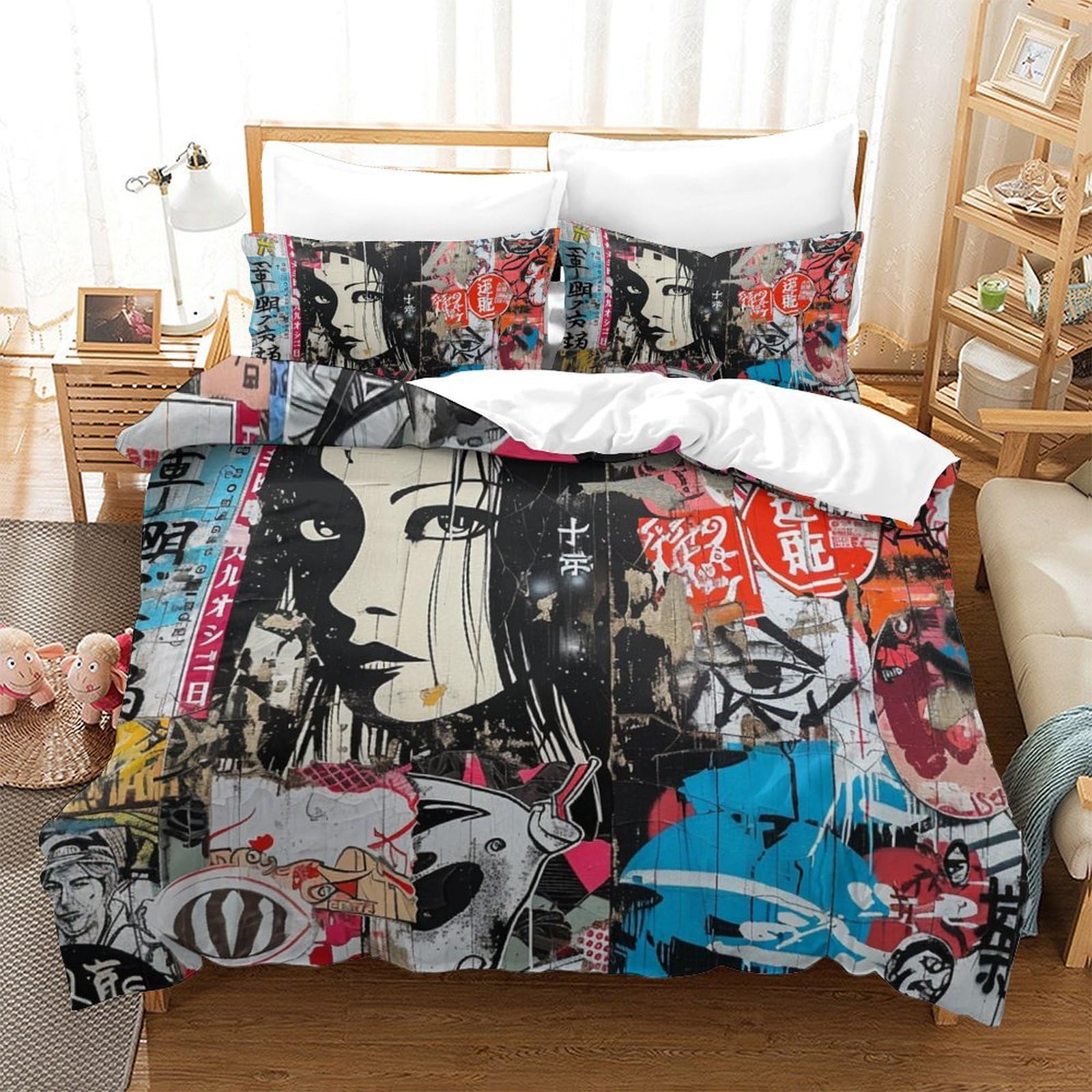 Housse de couette japonaise 260x220cm style graffiti pour relooker une chambre d'ado moderne