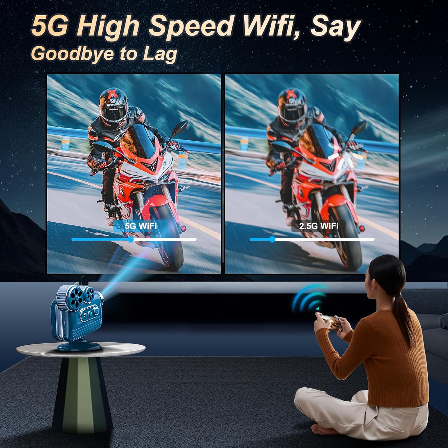 【Built-in Apps] 5G WiFi Bluetooth Smart 4K Full HD Projector, Movie Projector with karaoke stereo speaker, Equipped with 2 microphones,Compatible with Pc/TV Sticks/Phones/USB (With APP)