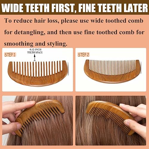 Miniatura 2 de Paquete de 2 peines de madera, peine de dientes anchos para cabello ondulado, dientes finos para barba y cabello fino, sándalo verde