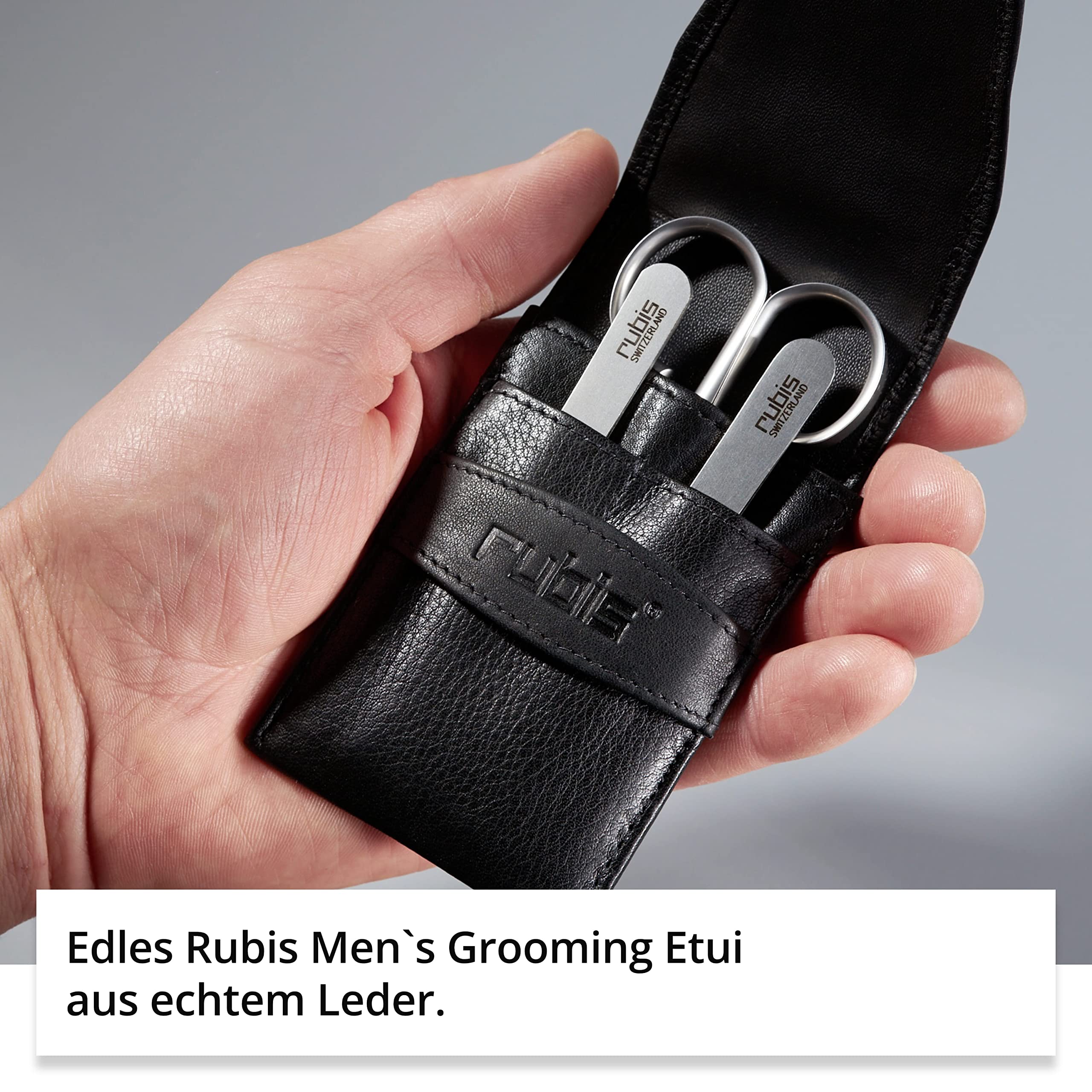 Rubis Männer Grooming Set - Lederetui mit Bartschere/Nasenschere, Spitze Pinzette, Augenbrauenpinzette - Kosmetikset - Hygiene Set für Männer zur Gesichtspflege