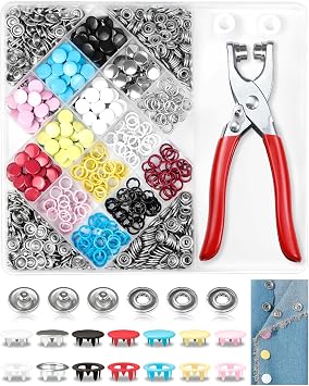 200 Sets FIVEIZERO Metal Snaps Buttons with Fastener Pliers Press Tool Kit for Sewing and Fabric, Snap Fasteners Kit in 7 Colors for Clothing, Crafts, and DIY Projects 10mm