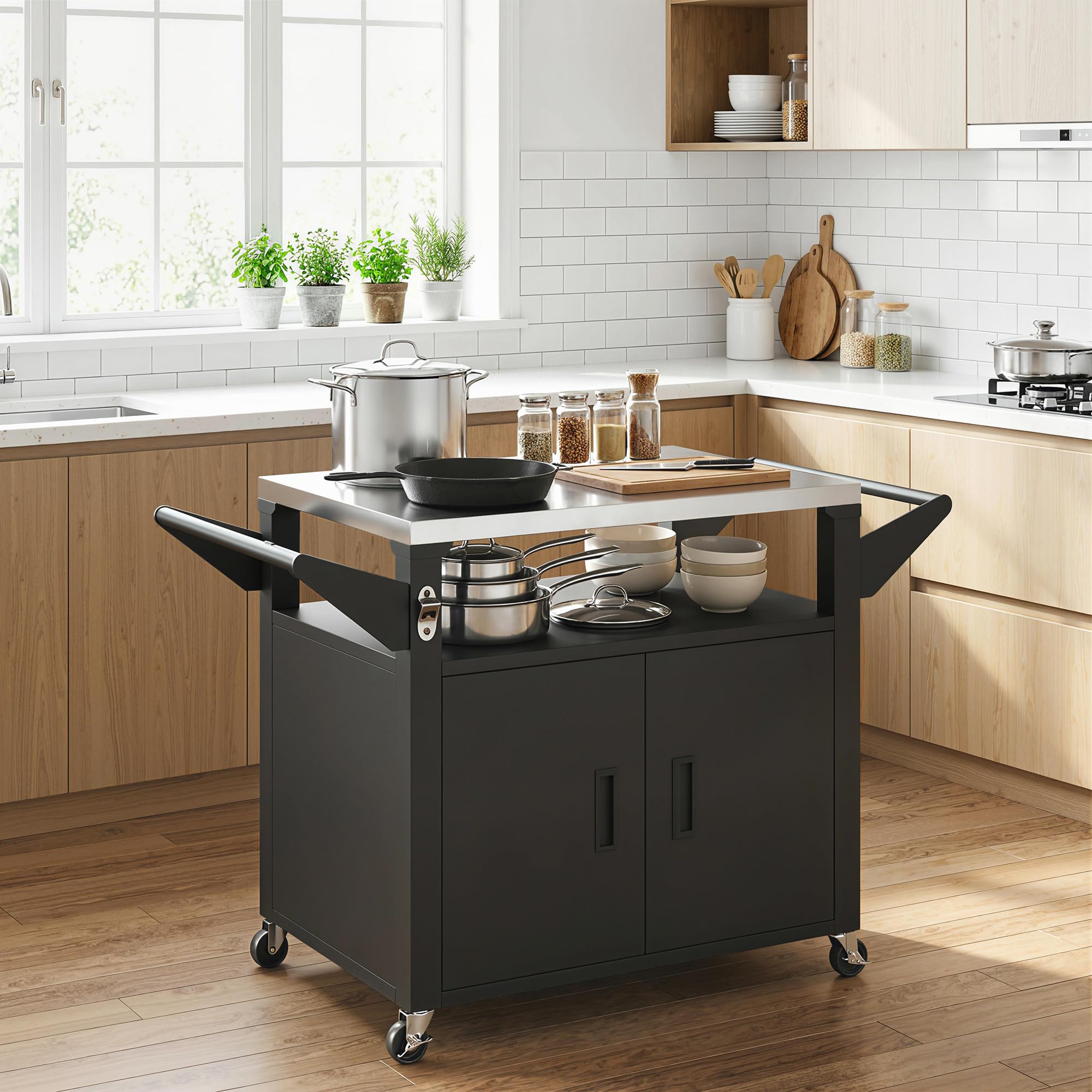 Outsunny Desserte Jardin avec Plan de Travail Inox - Chariot Barbecue à Étagère Coulissante - Meuble Cuisine Extérieur avec Armoire de Rangement pour Table Four à Pizza et Plancha, Noir