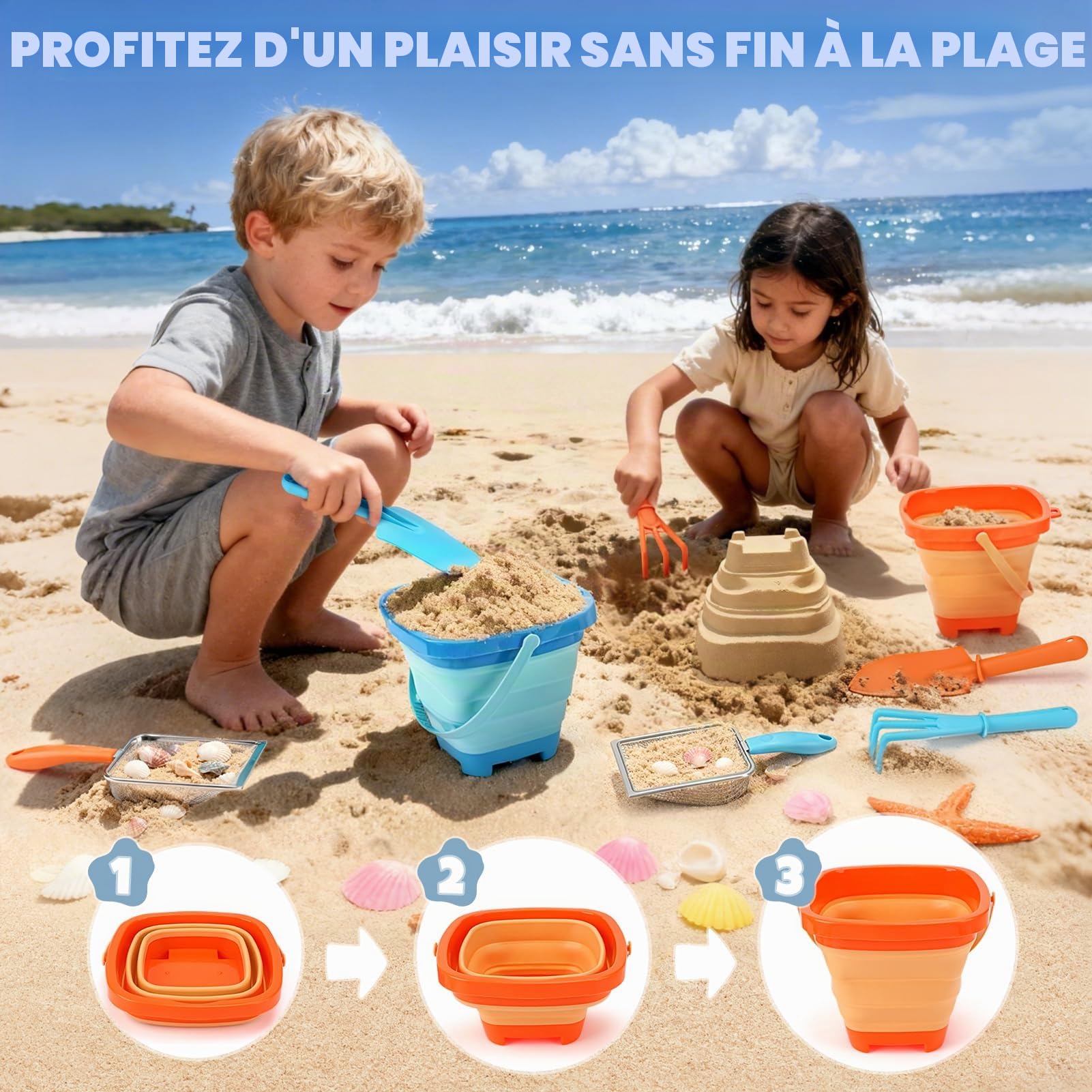 Dreamon Jouets de Plage pour Enfants 3 4 5 Ans Garçons Filles Jouet de Plage Comprend Un Seau Pliable Sac en Filet Tamis à Sable Pelle Râteau pour Les Jeux D'extérieur