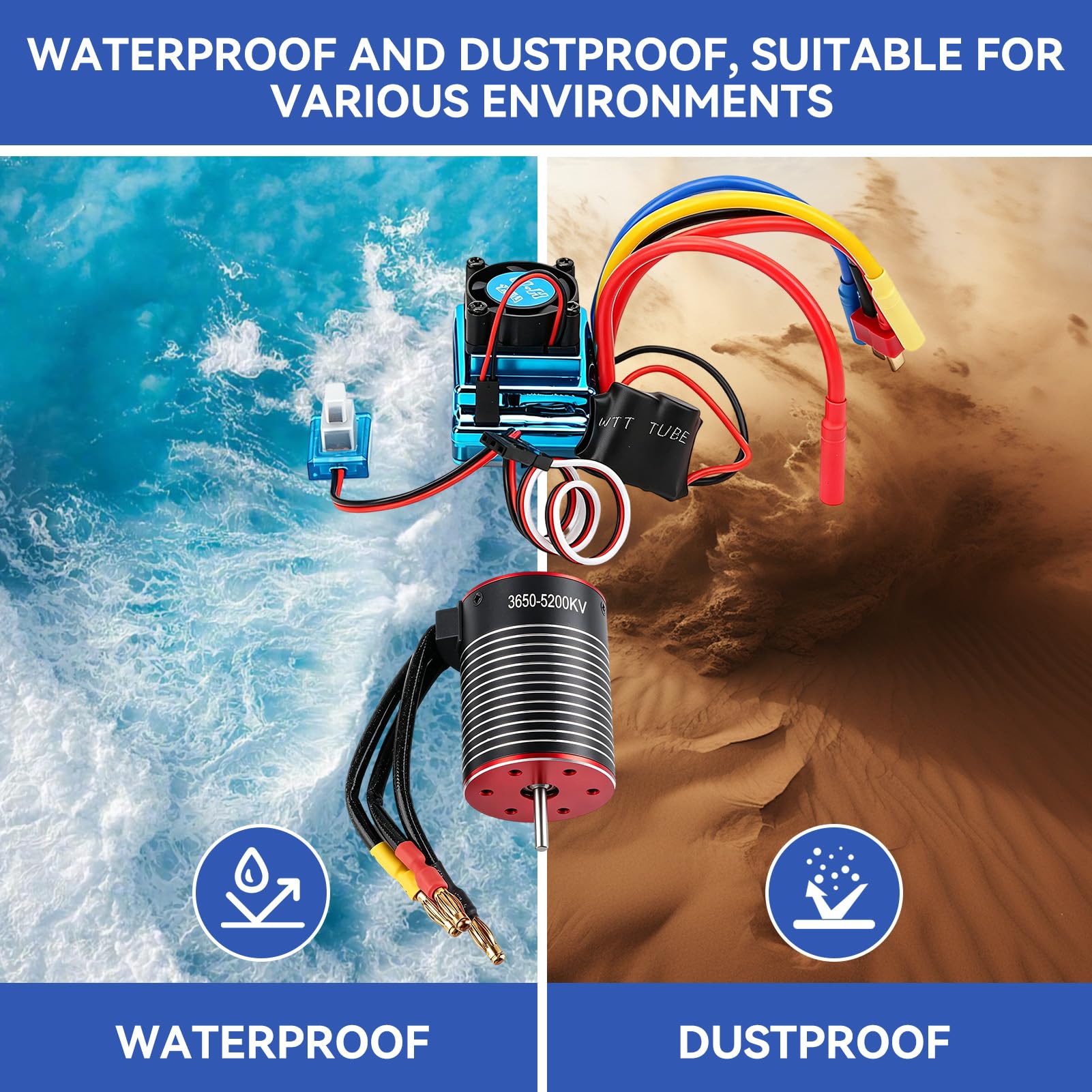 HERCHR Set di ESP del Motore Senza spazzole RC, 3650 Brushless Acqua Controller a velocità elettrica 120A Set di Accessori ad Alto Upgrade per Auto RC (5200KV)