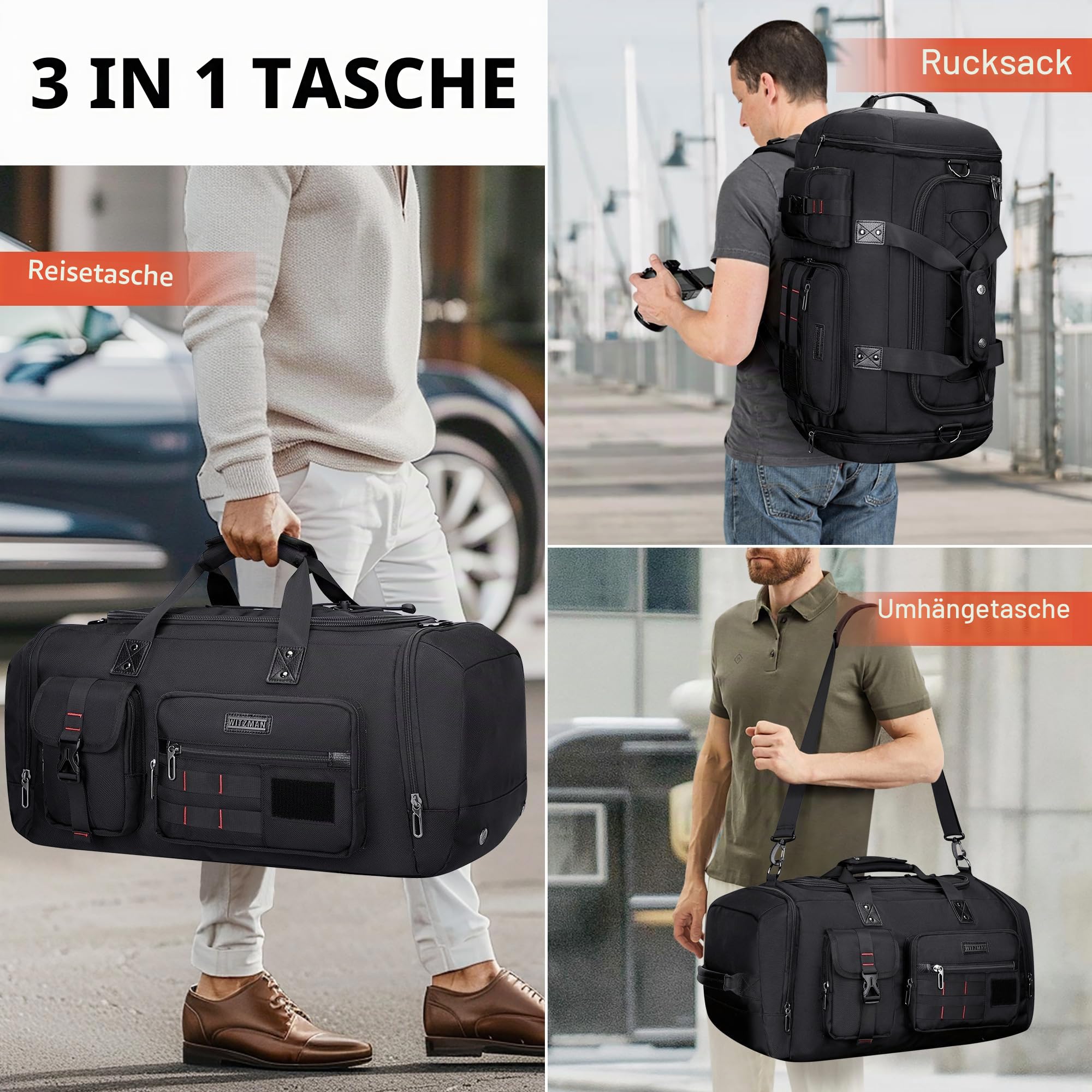 WITZMAN Reisetasche Herren 45L Sporttasche groß mit Schuhfach Duffle Bag 3 in 1 Travel Gym Trainingstasche Herren Damen（B693 Schwarz