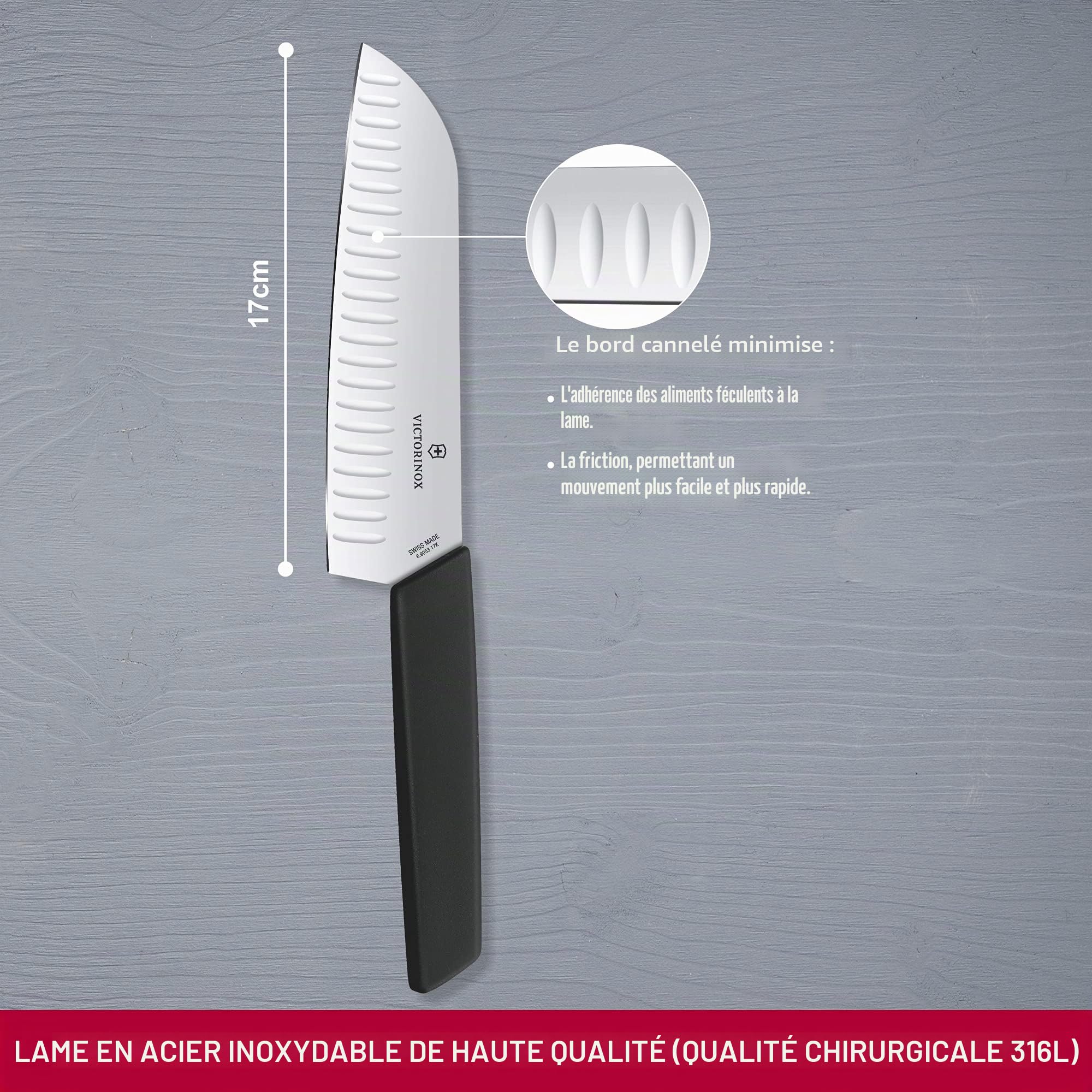 Victorinox Swiss Modern Couteau Santoku, Lame Alvéolée, Acier Inoxydable, Lavable au Lave-Vaisselle, Noir