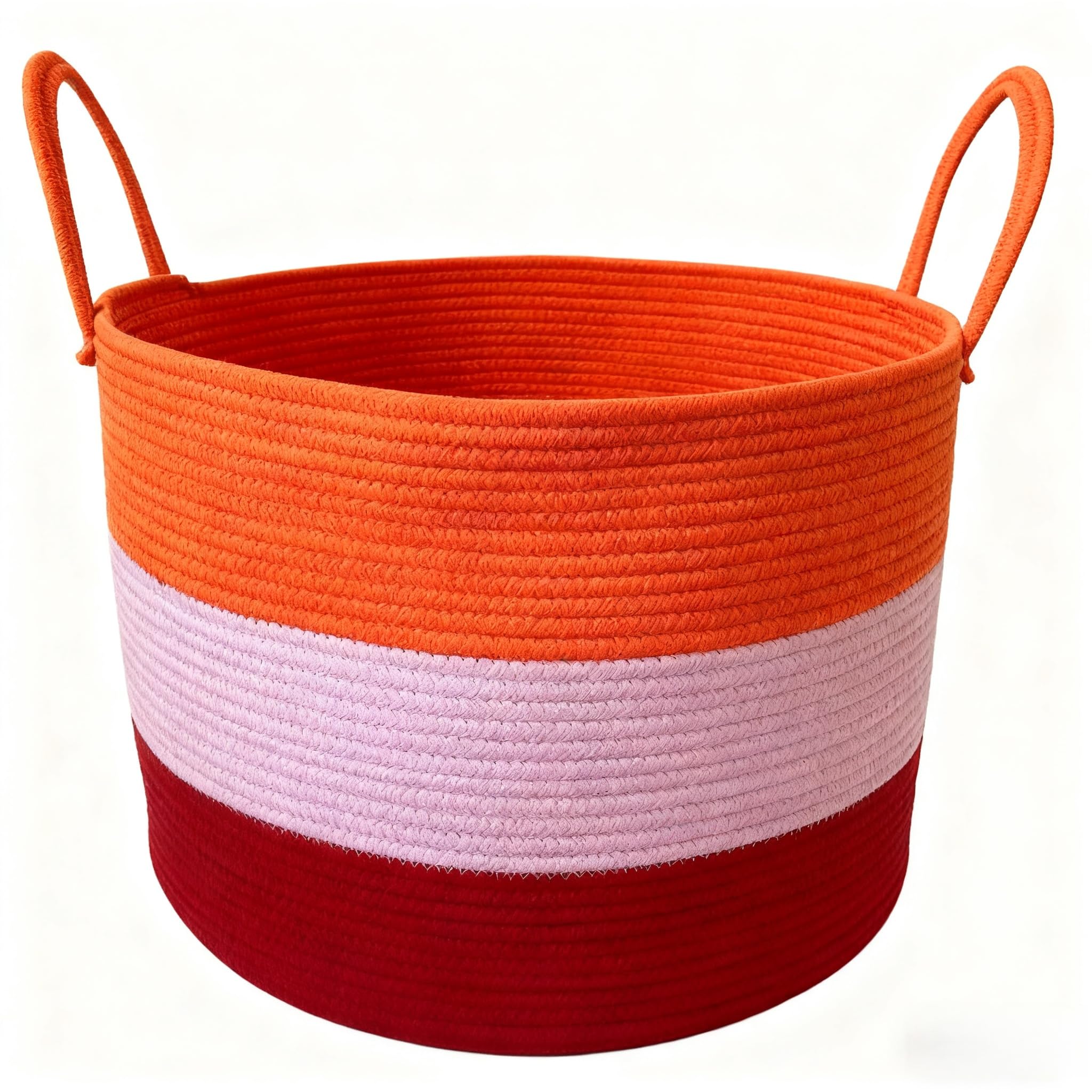 Uwenkjie Cotton Rope Storage Basket with Handles, Tricolor Orange Pink Red Design, Large 50x33cm Laundry Hamper for Toys, Clothes, Blankets, Decorative Container