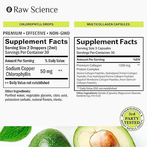 Miniatura 2 de S RAW SCIENCE Apoyo inmunológico y desodorante interno, cabello y uñas saludables, cápsulas de colágeno múltiple 150 unidades y clorofila líquida