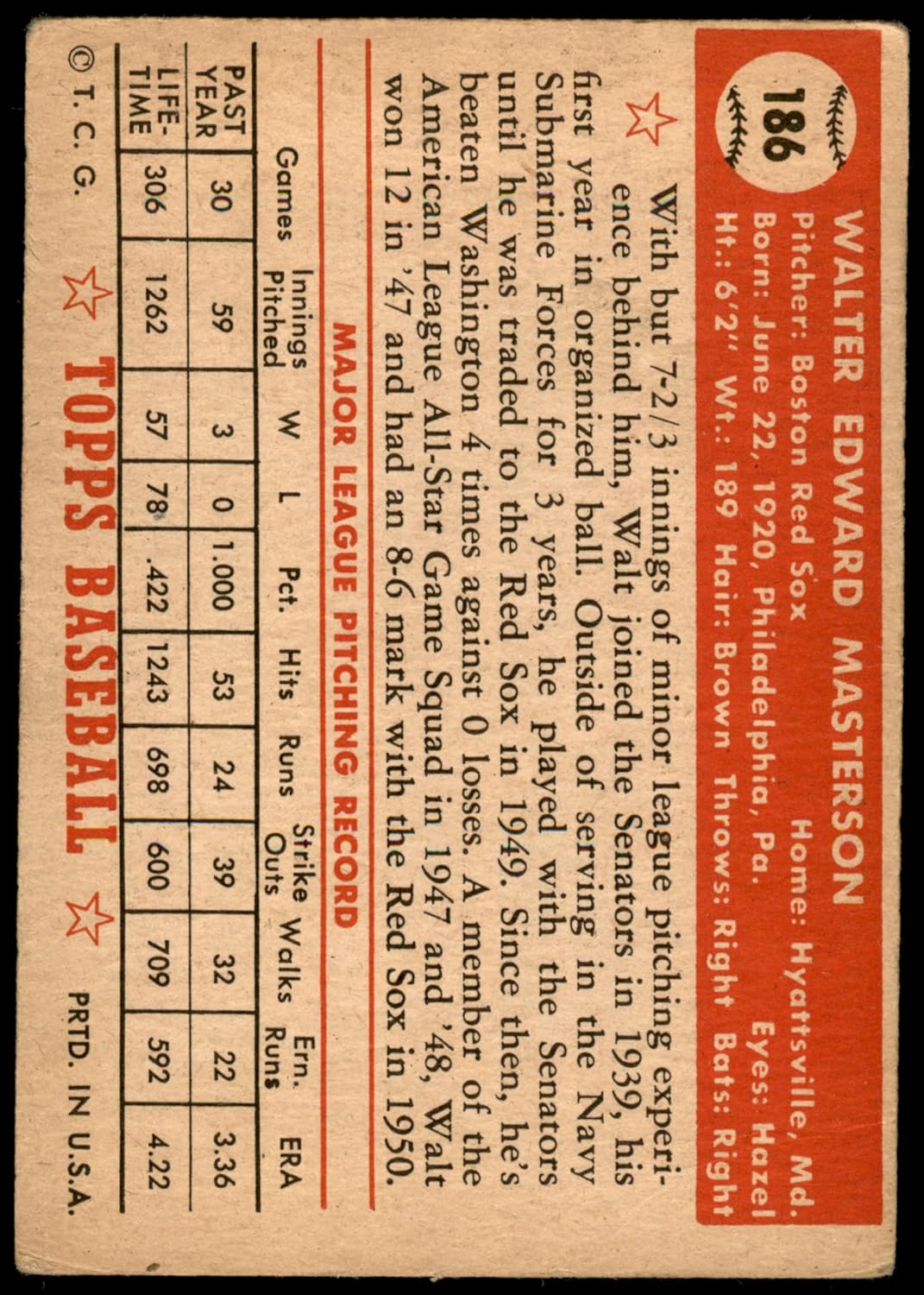 1952 Topps #186 CRM Walt Masterson Boston Red Sox (Baseball Card) (Cream Back) VG Red Sox