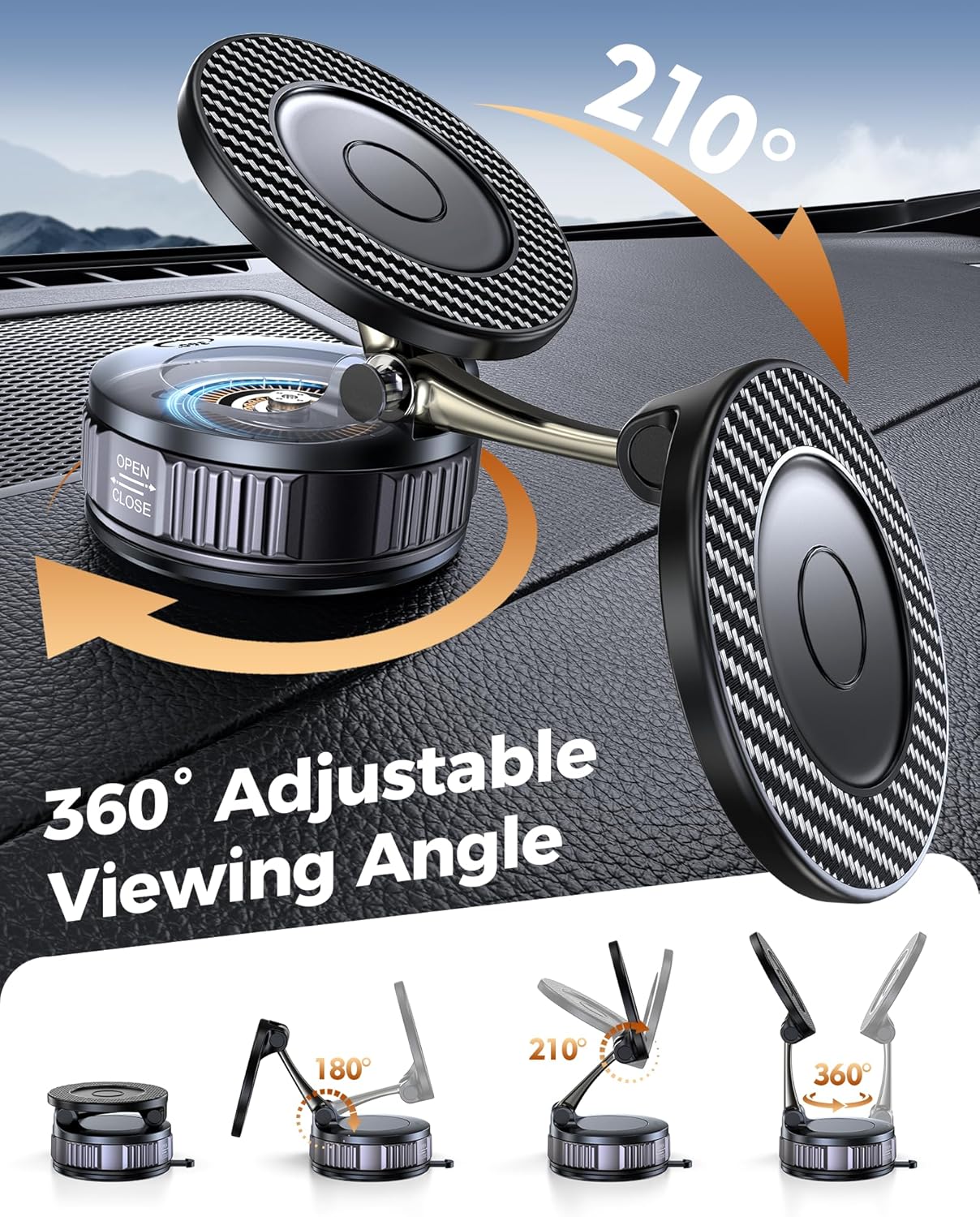 Car Phone Holder for Magsafe – [Carbon Fiber] Phone Mount for Car [Super Strong Magnetic, 360° Adjustable, 108LBS Vacuum Suction] Phone Holders for Your Car, Car Accessories for iPhone 17–12 Series