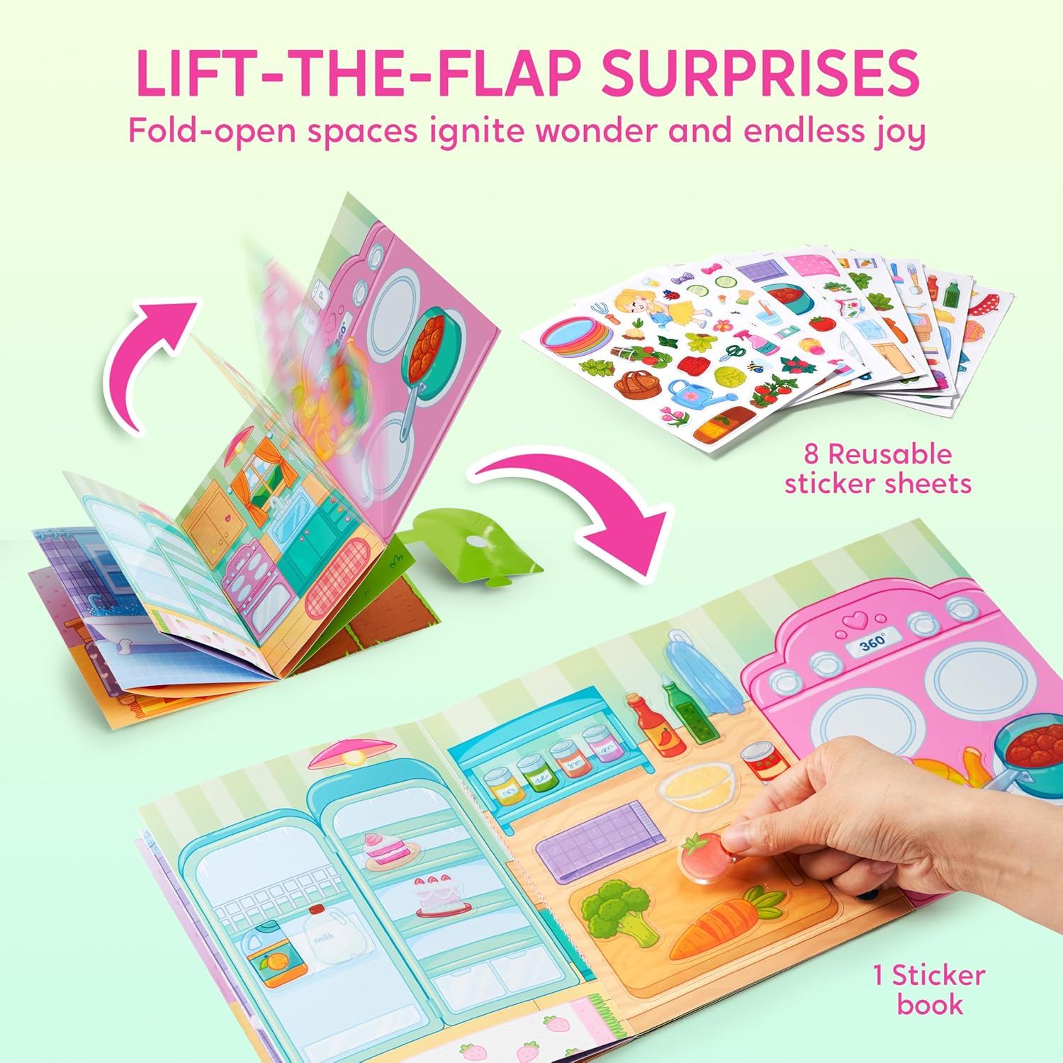 JOVA Klever Kits Reusable Sticker Book for Kids, My Dream Home 4 Play Scenes with 200+ Washable Stickers Plane Activity for Toddler Aged 3 4 5 6 7 8 Girls and Boys Birthday Gift