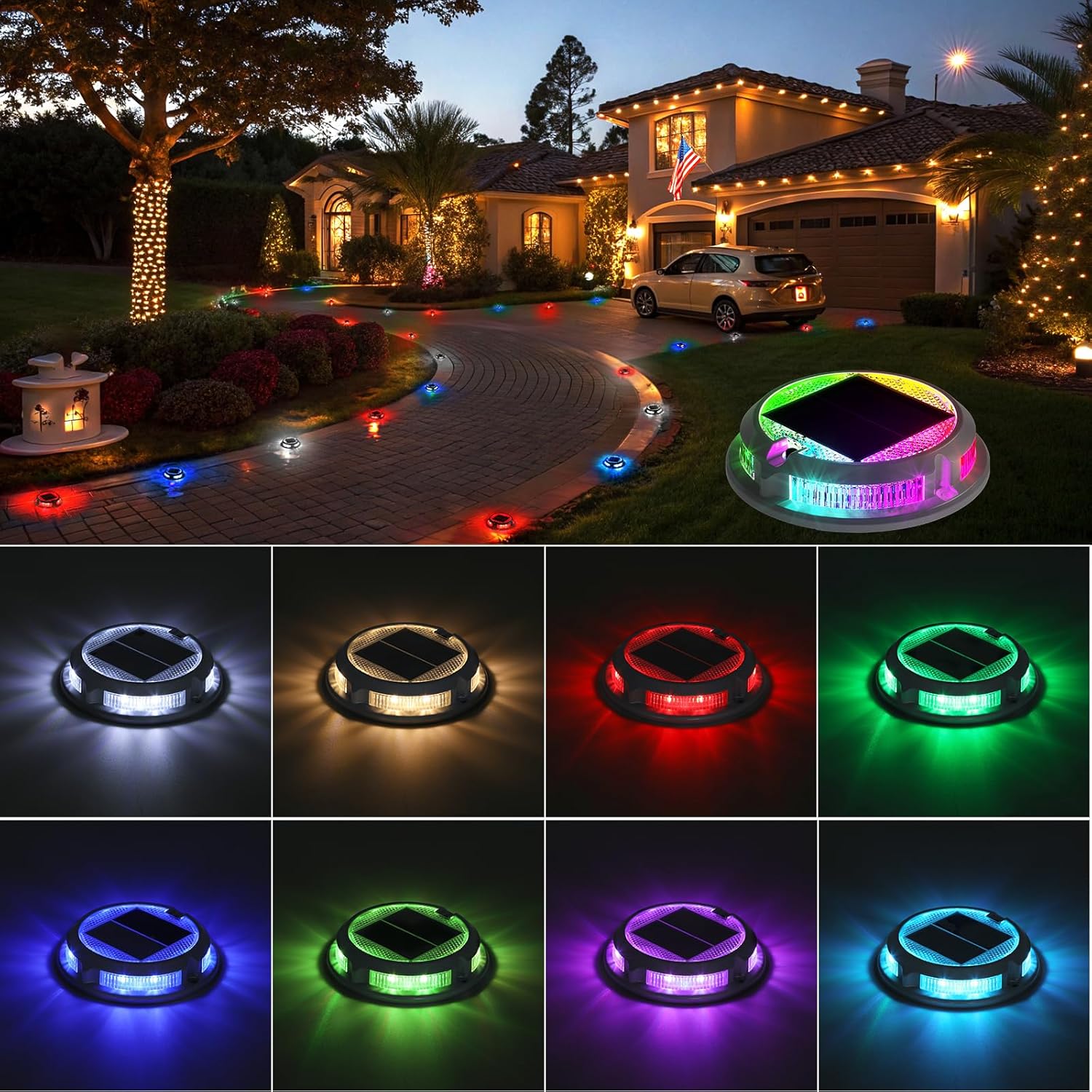 Solar Driveway Lights Outdoor 4 Pack, RGB Colors Solar Deck Dock Lights Outdoor Waterproof IP68, 3 Dynamic Light Modes, Driveway Marker for Warning Stair, Boat Dock, Step, Walkway, Patio Decor