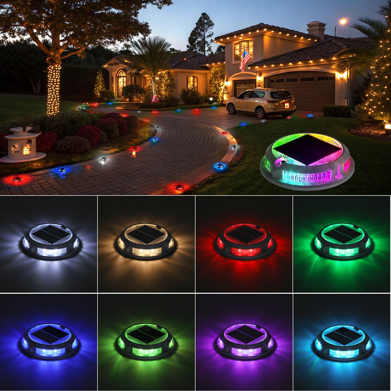Solar Driveway Lights Outdoor 4 Pack, RGB Colors Solar Deck Dock Lights