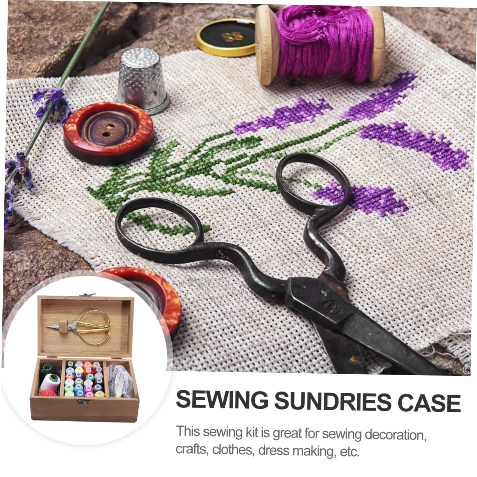 OSALADI 1 Set Scatole da Cucito Legno Vintage con Accessori Completi Kit Pratico per Cucito Fai da Te con Aghi Fili e Forniture per Appassionati DIY