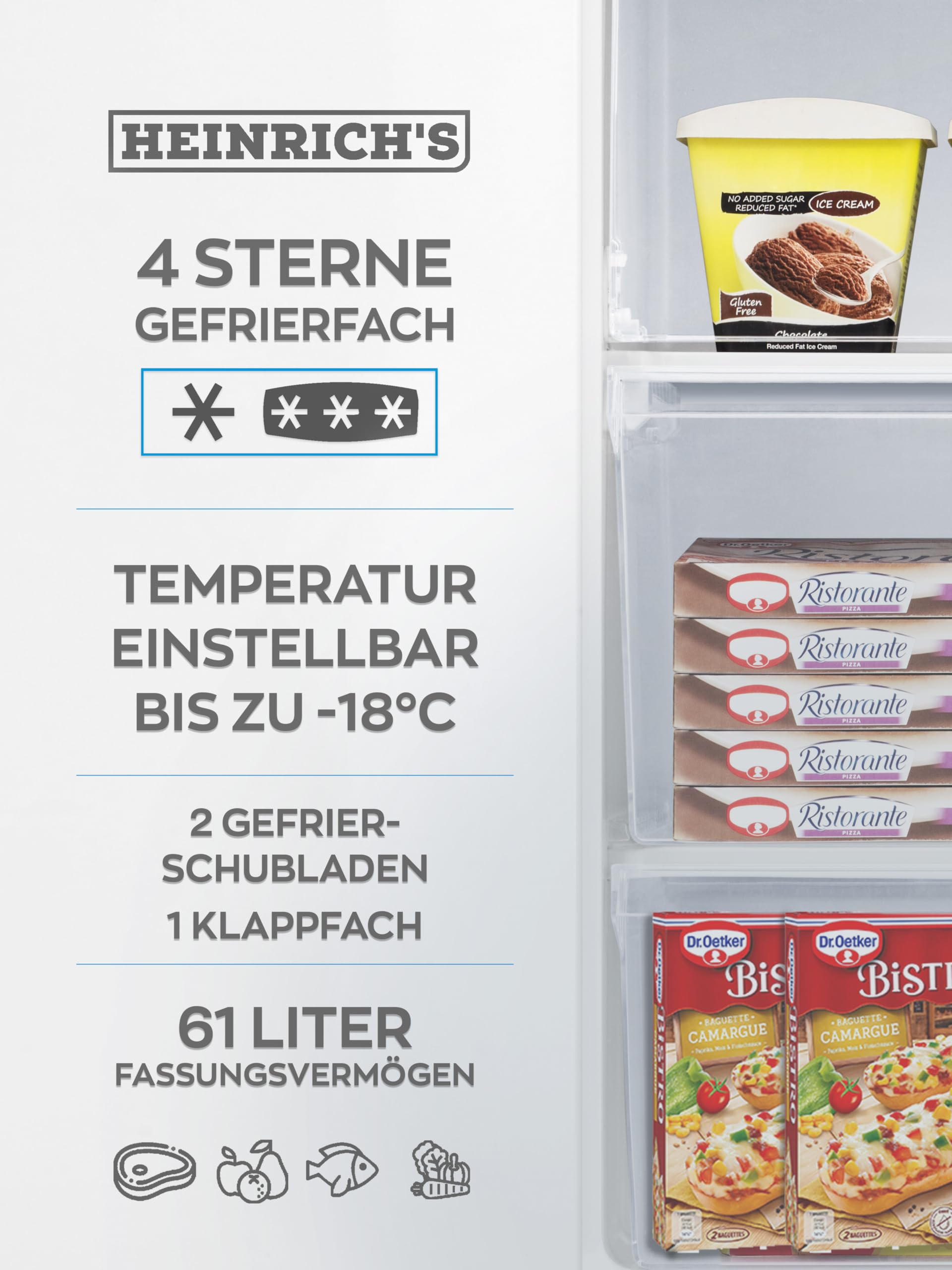Heinrich´s Gefrierschrank 61Liter, Mini, -18°C Freezer, 3x Gefrierschublade, 7 Stufen Temperaturregler, Airflow, wechselbarer Türanschlag weiß