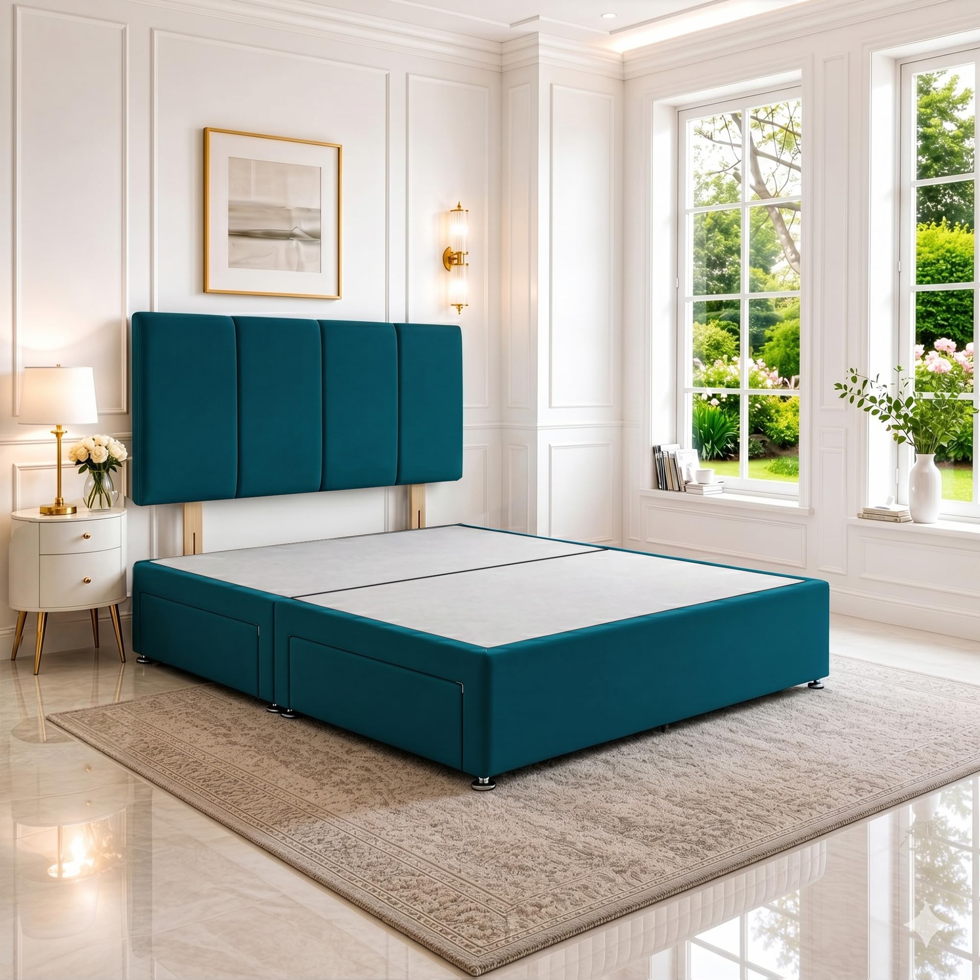 SANA SLEEP Small Double Divan Bed with Headboard & 2 Storage Drawers โ Plush Jade Fabric, 4FT UK Made, Bedroom, Guest & Kidsโ Room