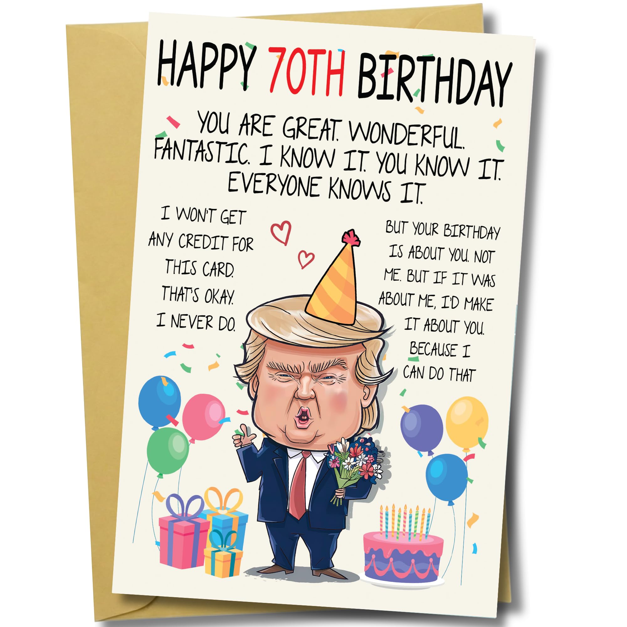 Funny 70th Birthday Card for Men Women - Hilarious Donald Trump Cartoon Caricature - 5.3" x 8" Large Bday Greeting Cards for Dad, Mom, Grandpa, Grandma - Humor Joke 70 Year Old Gifts with Rustic Kraft Envelope