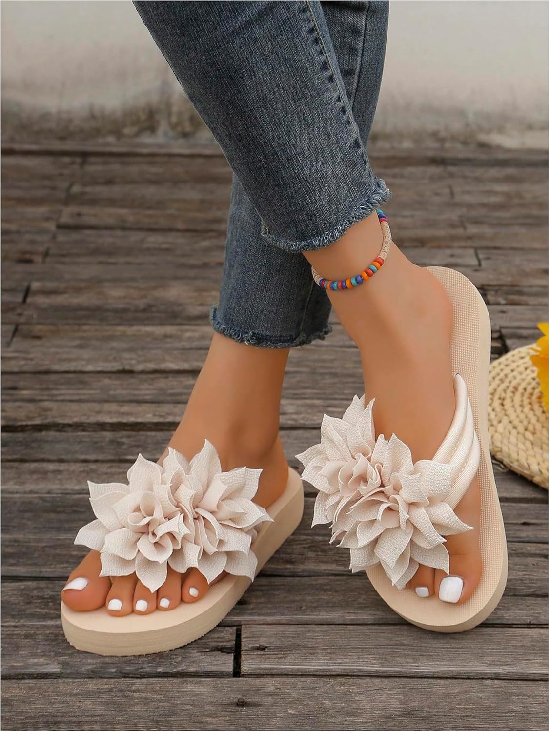 OYOANGLE Women's Flower Appliques Flip Flops Boho Open Toe Slip On Flat Sandals Beach Vacation Slippers - Image 6