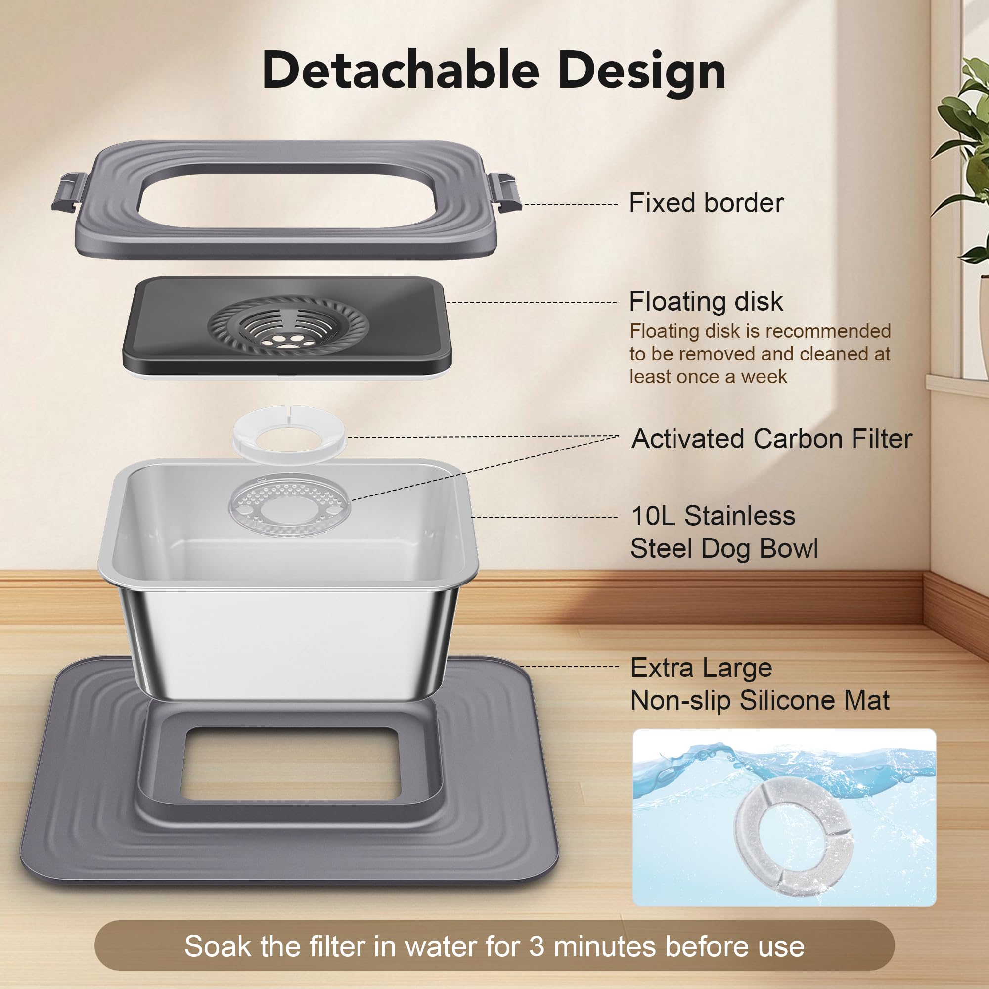 Decflow 10L Stainless Steel Dog Water Bowl, No Spill Anti-Splash Dog Bowls with XXL Silicone Mat, Spill-Proof Slow Feeder for Messy Drinkers, Heavy Duty Pet Bowls for Indoor/Outdoor Use Grey - image 6