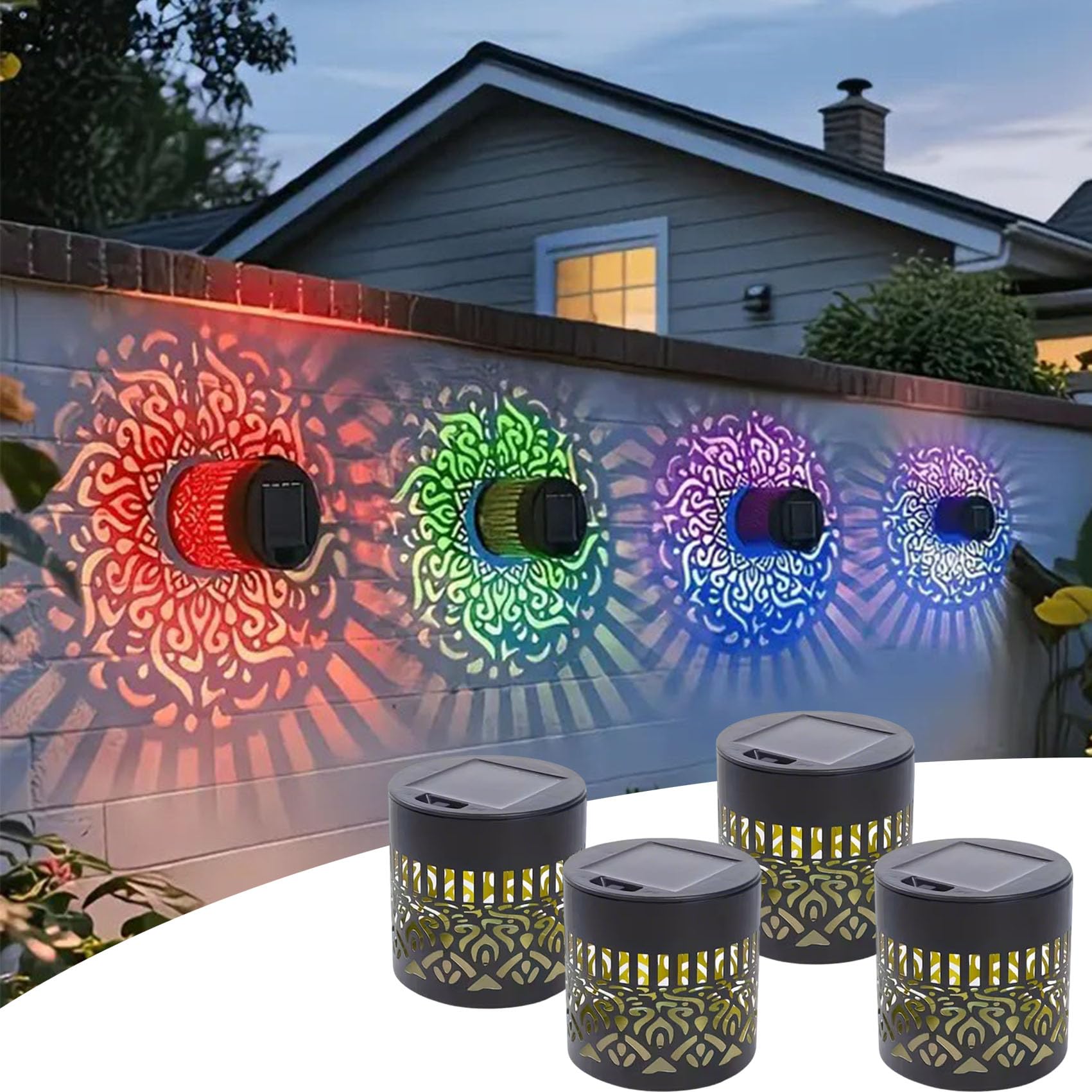 Solar Mandala Wall Light Outdoor Garden Fence Projector Lamp Patio Ambient Decor, IP65 Waterproof Auto On/Off, 2 Pack Boho Colourful Solar Mandala Lantern for Post,Pathway,Porch,Stairs,Yard Art (A4)