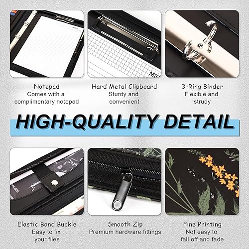 Vista 64 de Eshow Organizador de cartera, carpeta de 3 anillos con cremallera, carpeta de cuero vegano con bloc de notas, incluye 10 protectores de hojas Negro