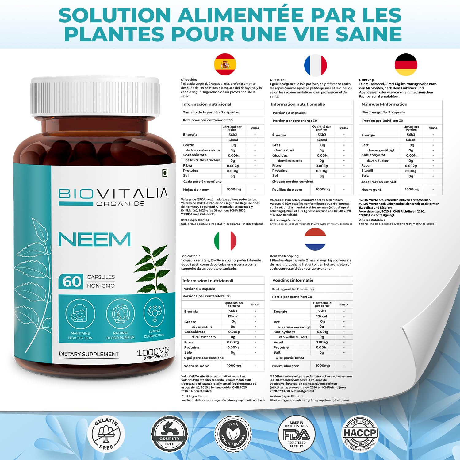 Capsule de Neem 1000 mg à base de plantes pour hommes et femmes | Complément alimentaire | Soutenir une peau saine | Soutient la détoxification - 60 capsules végétaliennes