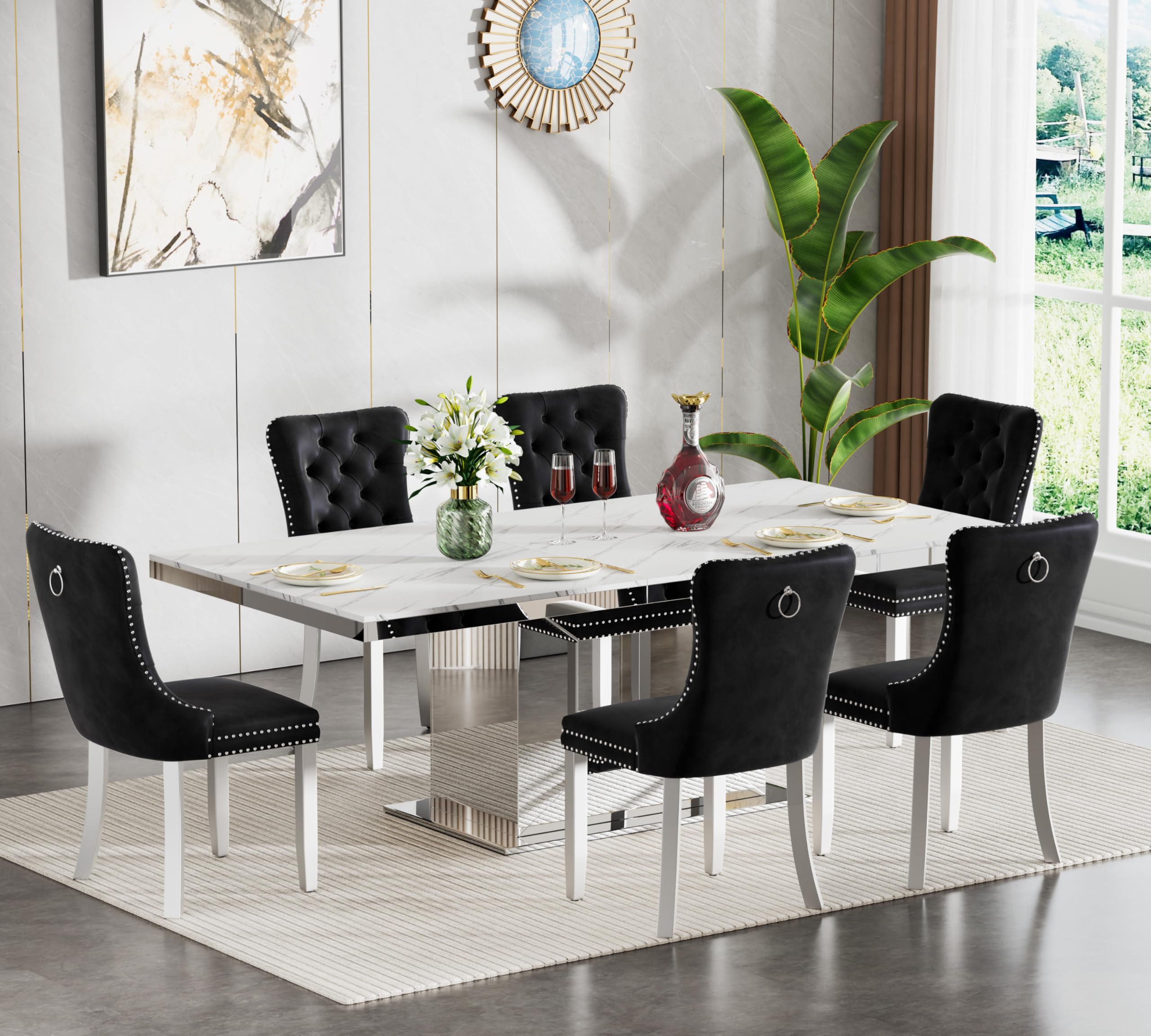 7 Pieces White Faux Marble Extendable Dining Table Set, 63"-94" Rectangular Expanding Kitchen and Dining Room Table Set for 6 with Mirrored Acrylic Base &amp; Black Velvet Upholstered Chairs