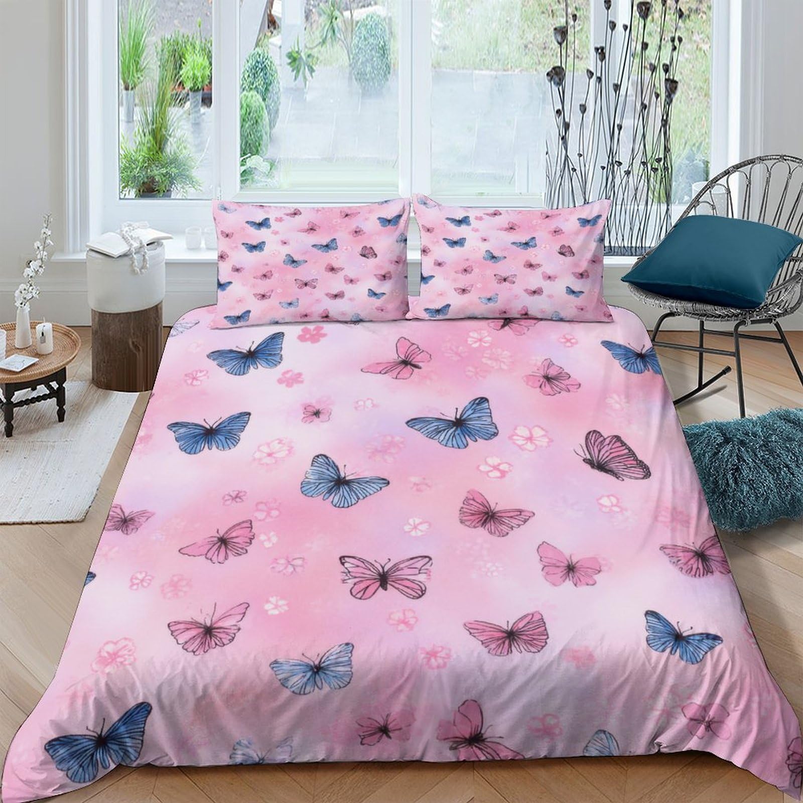 Ctjqhvkz Style-8 3D Printed Pink Butterfly Fitted Sheet Microfiber Soft Bedroom Decor Blue Butterfly Mattress Cover For Home Dorm Single（135X200cm）