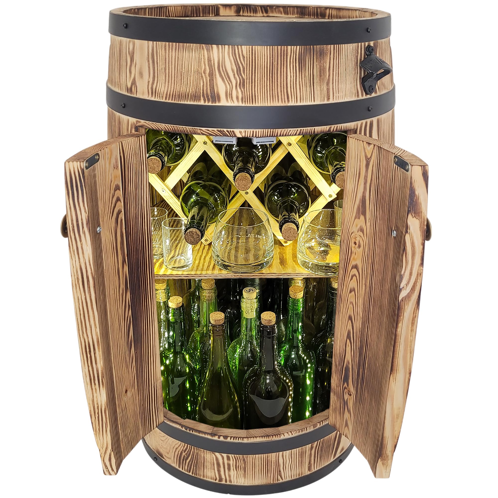 weeco Barril de madera con puertas, bar con iluminación LED, funciona con pilas, soporte para botellas de vino plegable, armario rústico para botellas de alcohol, 80 x 50 x 44 cm