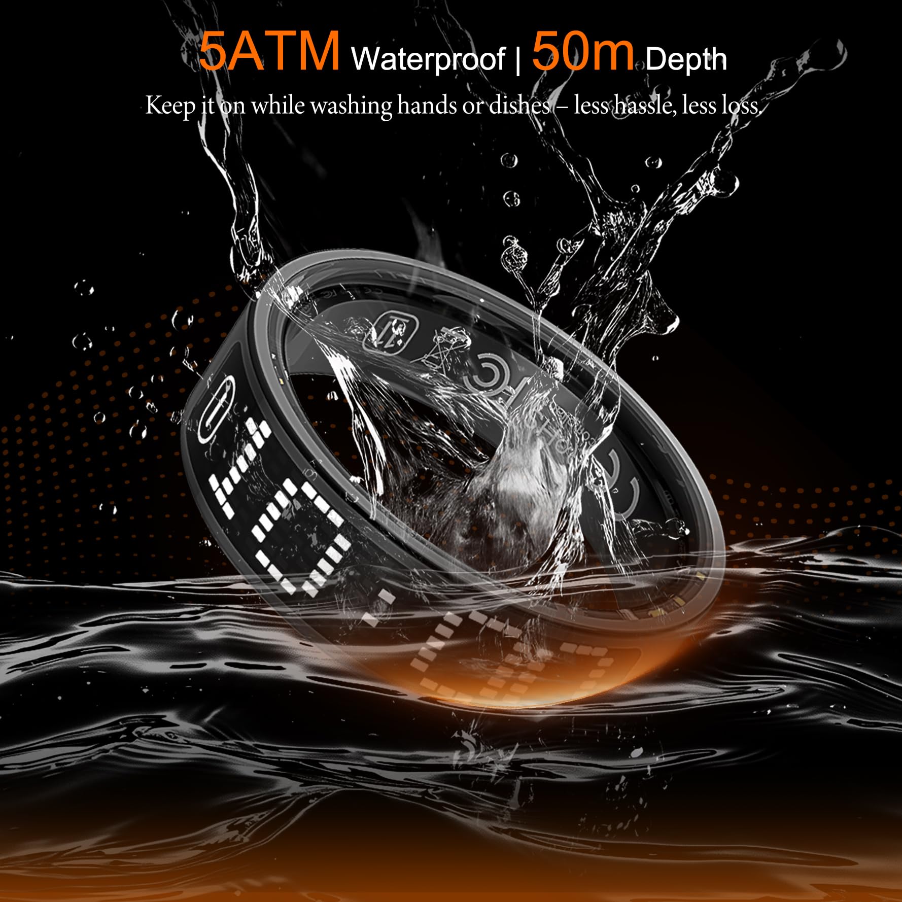 Bague connectée pour Hommes et Femmes (Android et iOS) – Taille 9 | Écran tactile LED, étanche IP68, suivi cardio/oxygène/sommeil, déclencheur photo, modes sport, titane 3,2g