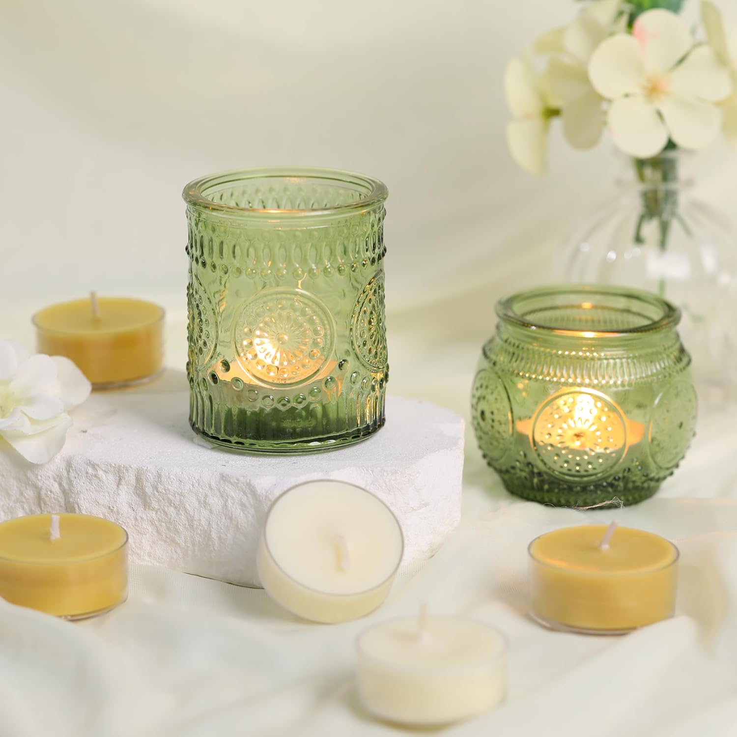 12pcs Assorted Green Votive Candle Holders for Wedding Table Decorations, Glass Tea Lights Candle Holder for Bridal Shower, Baby Shower Decrations, Boho Tea Party Decor, Wedding Party Gifts for Guests