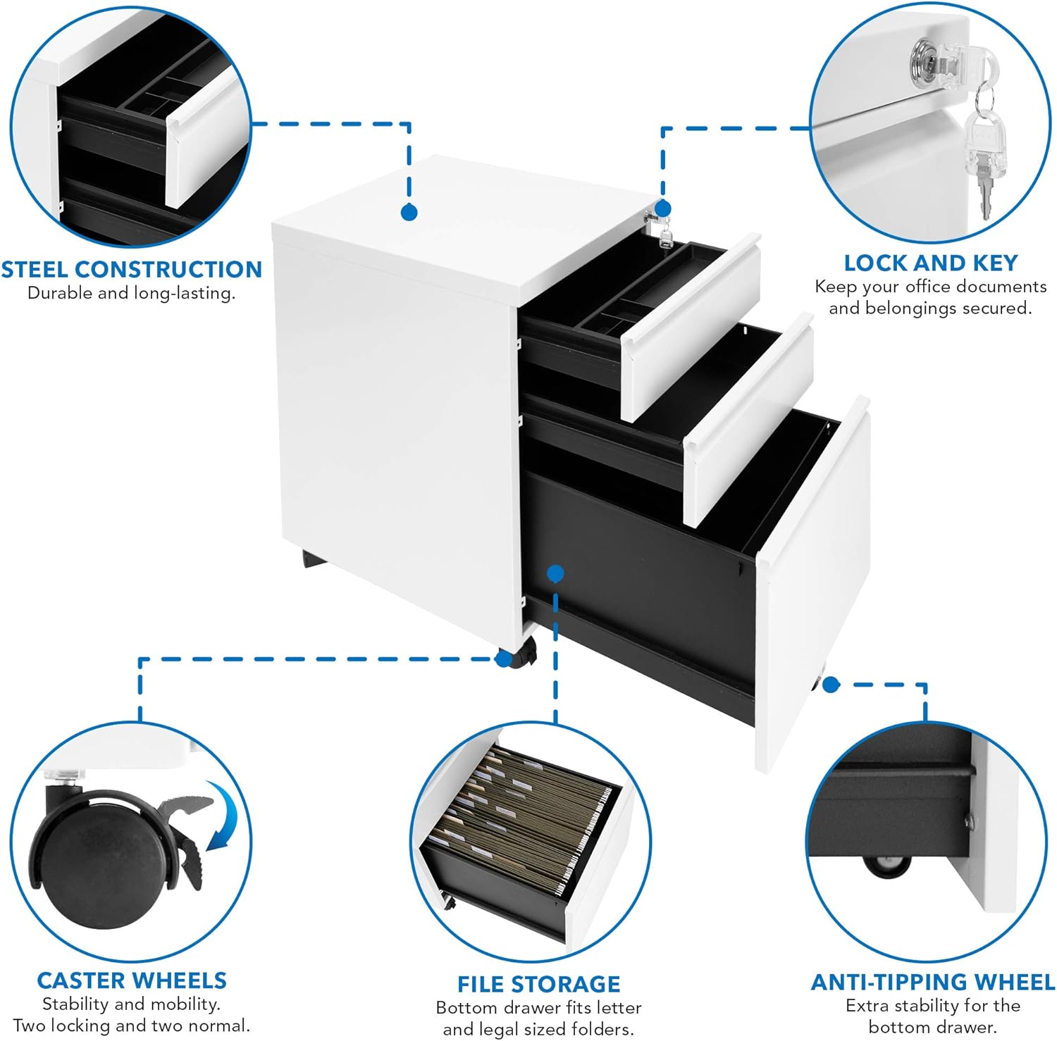 Mount-It! 3 Drawer Cabinet for Under Desk with Wheels | Rolling Storage with Lock for Supplies, Files, and Materials, Mobile Space Saving for Home and Office (White)