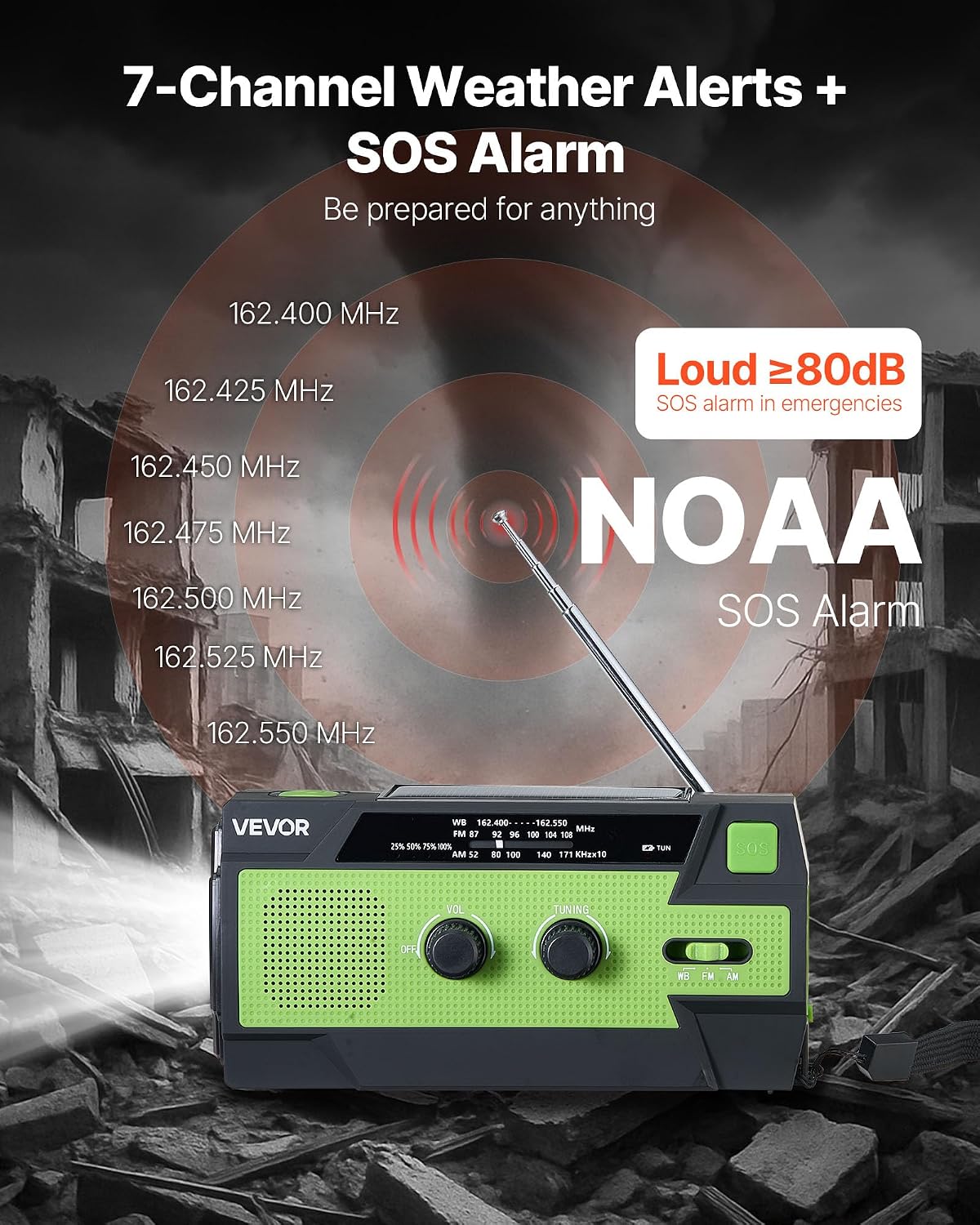 VEVOR Emergency Weather Radio, 4000mAh Battery, FM/AM/WB/NOAA Alert Solar Hand Crank Emergency Radio, with USB Charging Cable, SOS Alarm and Flashlight, Portable for Outdoor Emergencies, Camping