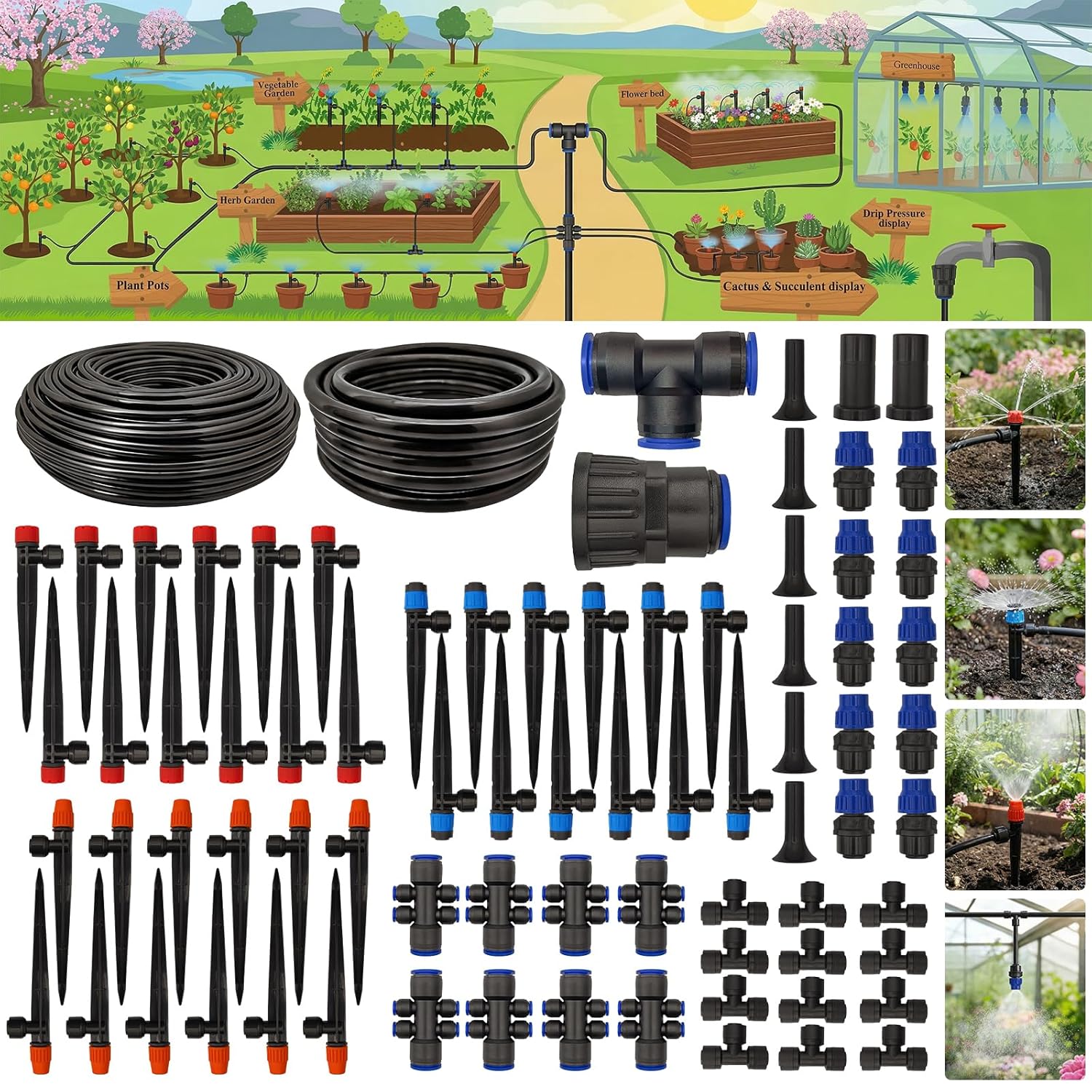 Drip Irrigation System 230FT Quick-Connect Drip Irrigation Kit with 1/4 inch 1/2 inch Irrigation Tubing Hose and Accessories for Lawn Raised Bed Greenhouse Plant Watering System
