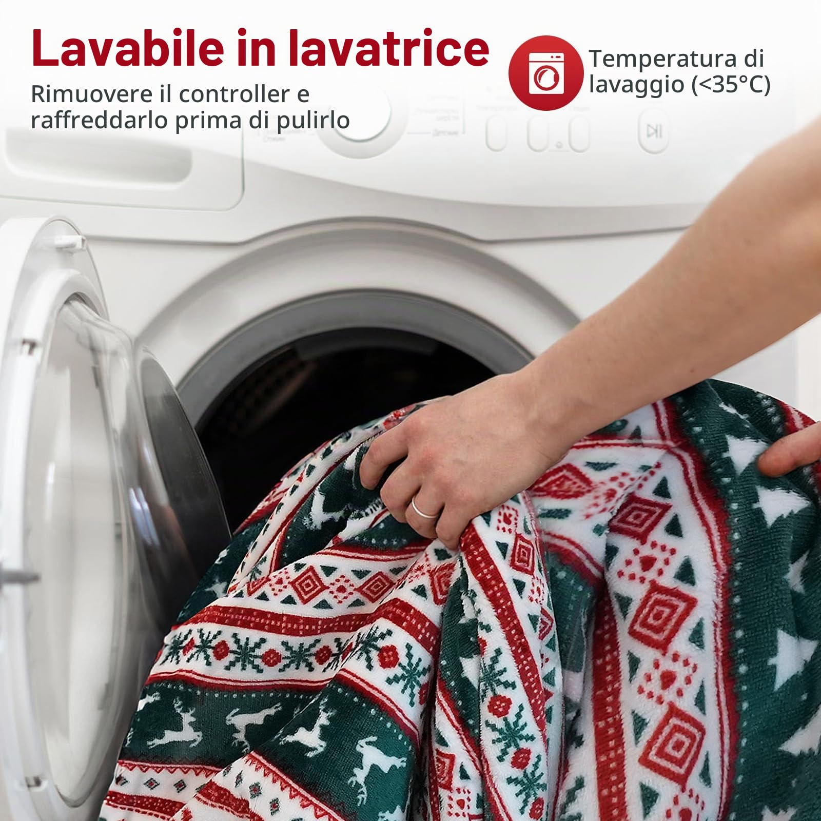 PRANITE Coperta Riscaldante Elettrica - Flanella Sherpa Coperta Elettrica Con 6 Impostazioni di Calore, Timer di spegnimento automatico da 1-10 ore, Lavabile in Lavatrice, 180x130 cm, Natale, Rosso