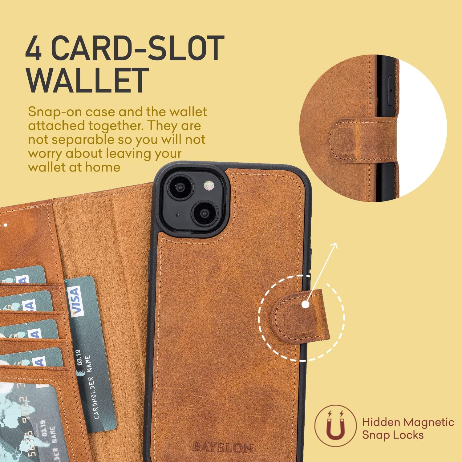 Bayelon Full Grain Leather Wallet Case for iPhone 11 Pro 5.8" - 2-in-1, Detachable Magnetic Flip Cover with Card Slots, Horizontal Viewing Kickstand, Durable Frame (Nude Pink)