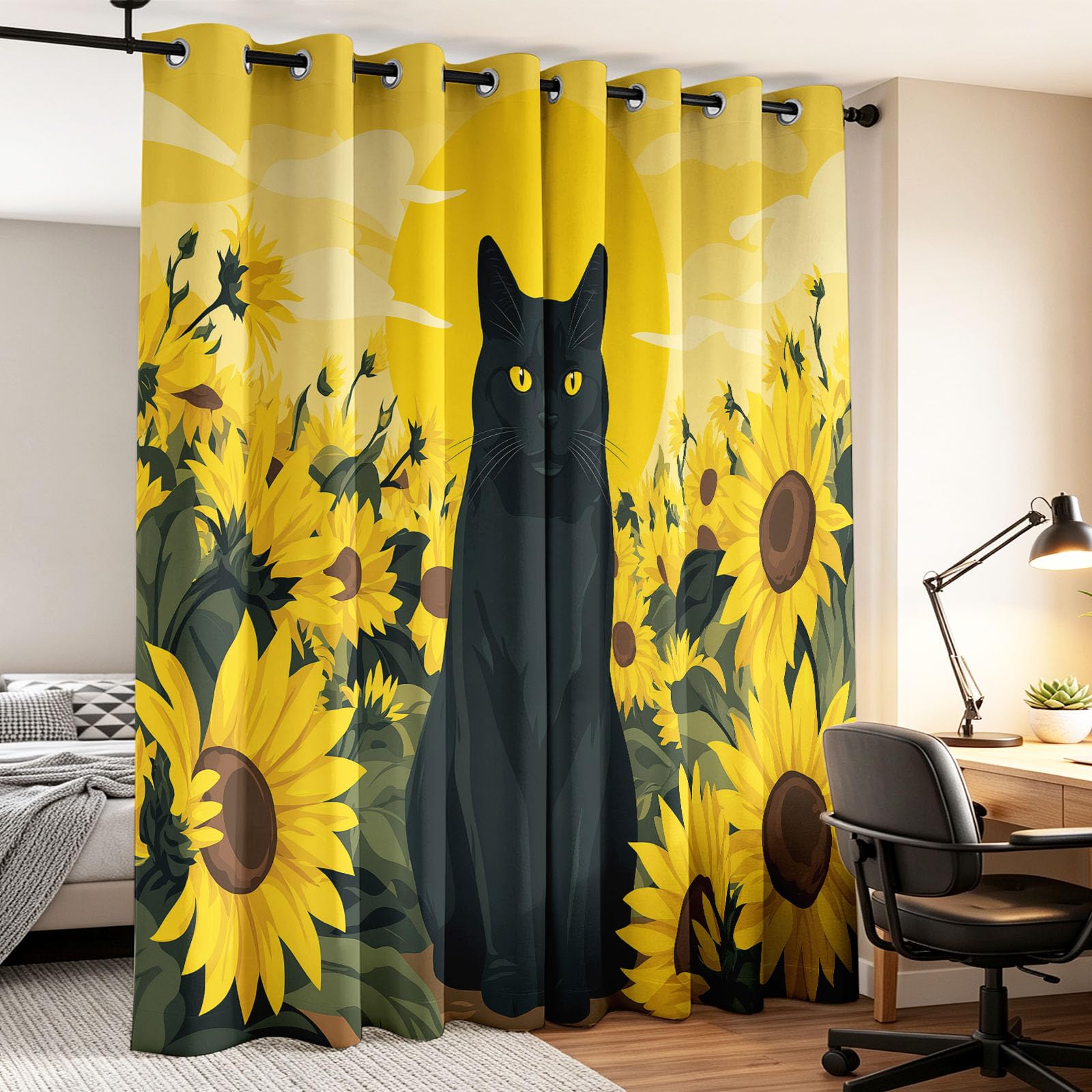 Zasłony zaciemniające z nadrukiem, zabawne, żywe, 140 x 274 cm (2 panele) z kotem słonecznikiem, te zasłony zaciemniające zapewniają prywatność w sypialni