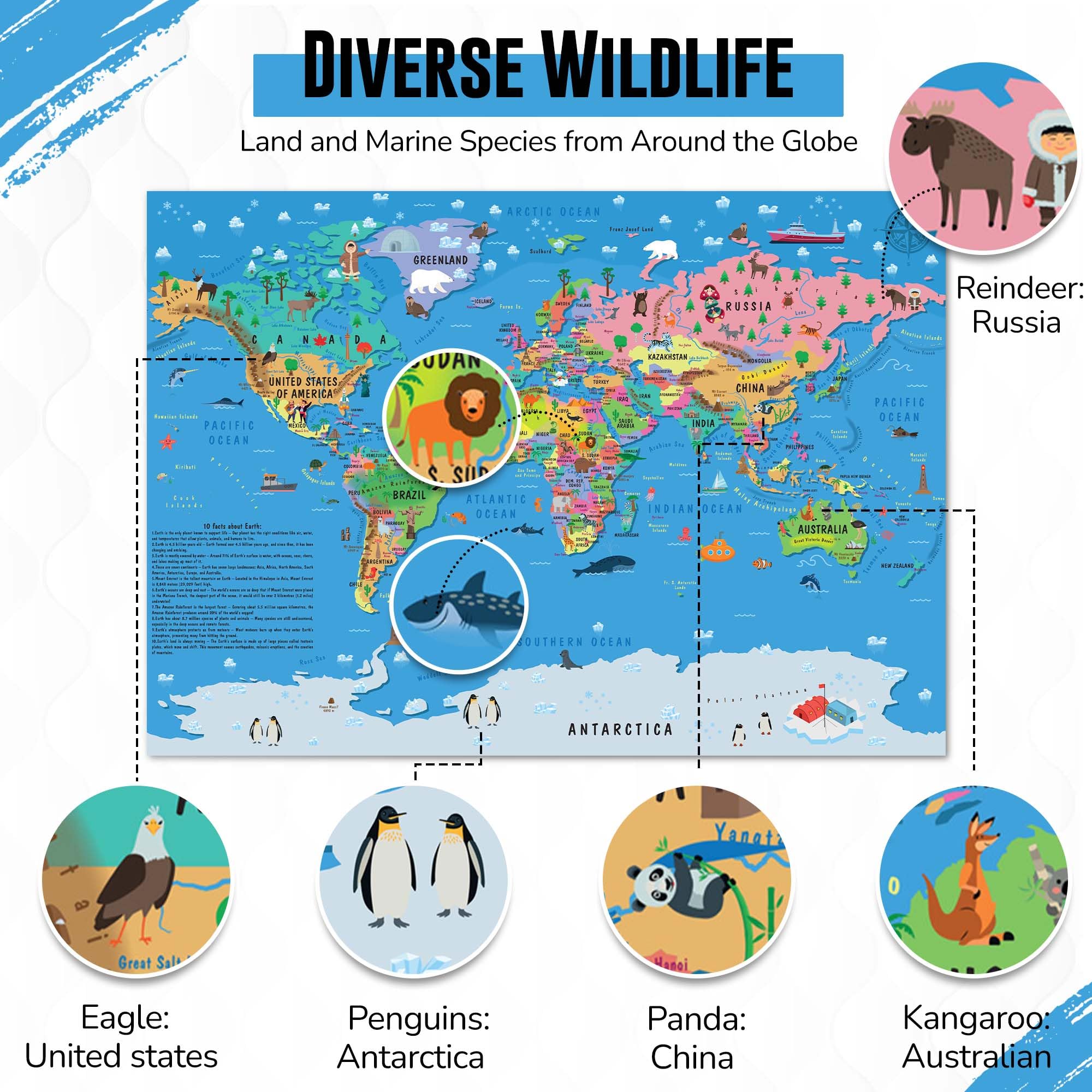 Children’s World Map Poster for Wall – Large A1 Illustrated World Map for Kids Globe Atlas Wallchart