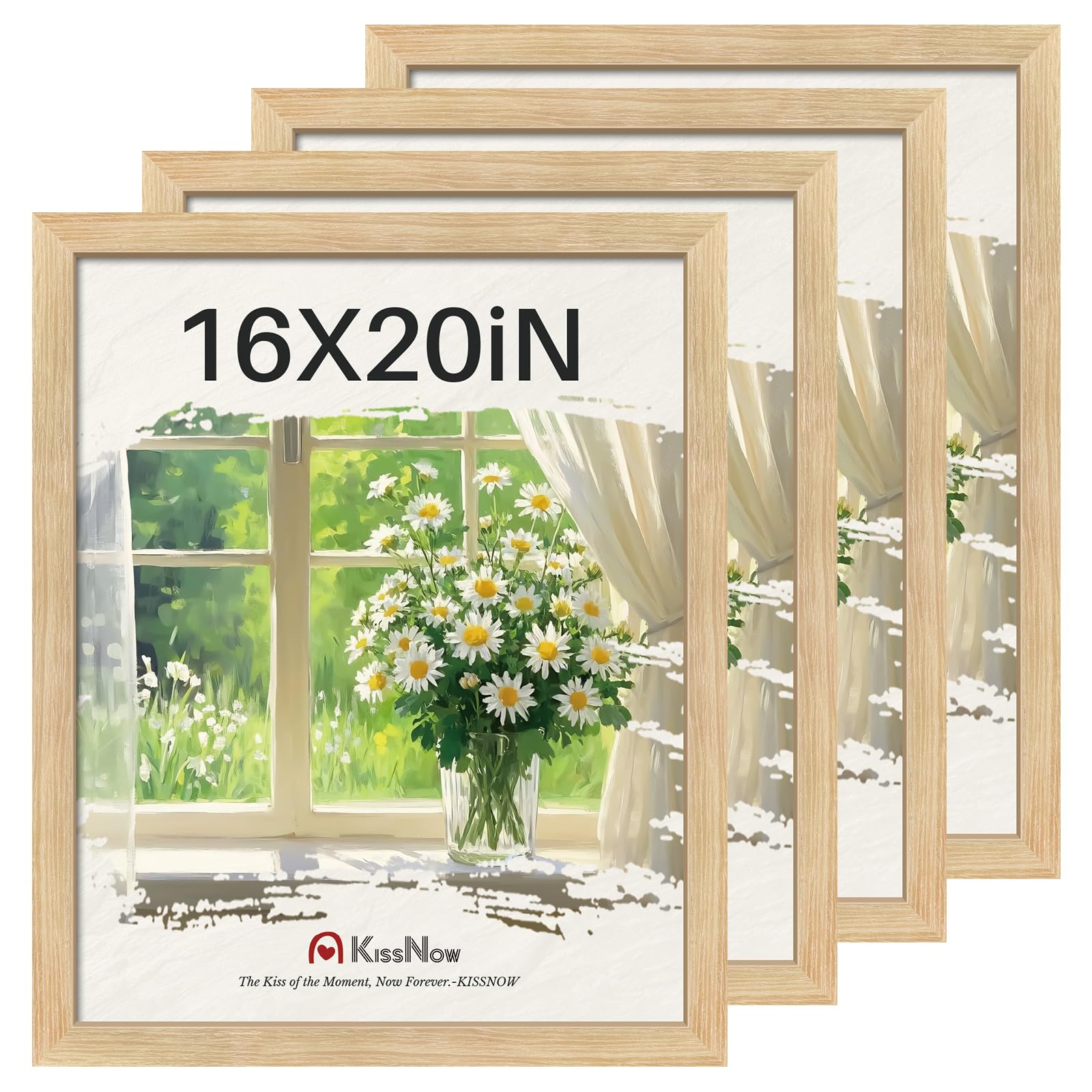 KissNow 16x20 Picture Frame 4 Pack, Natural Oak Wood, Wall Gallery Poster Frame