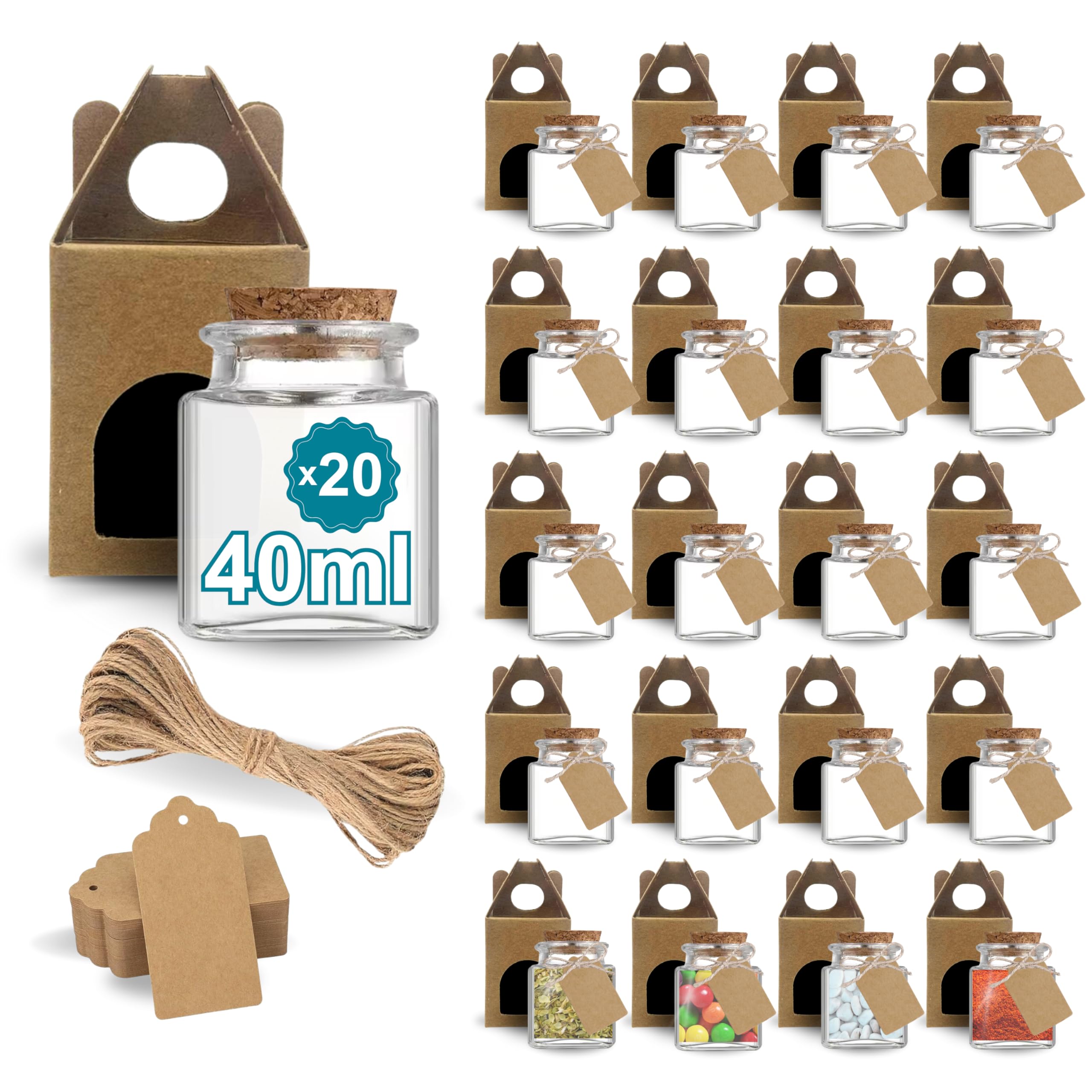 Espirito Rebelde 20 x Quadratisches Glas für Gewürze, 40 ml, mit Korkverschluss + 20 Kraftkartons + 20 Etiketten für Kraftpapier + Juteschnur, Vorratsgläser, Gewürze, Marmelade, Joghurt, 20 Stück