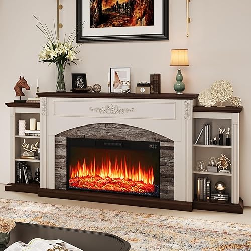 78" Electric Fireplace with Mantel, Fireplace TV Stand for TVs Up to 85 Inch,30” Fire Place Insert Heater for Living Room,Farmhouse Entertainment Center with Carving for Bedroom