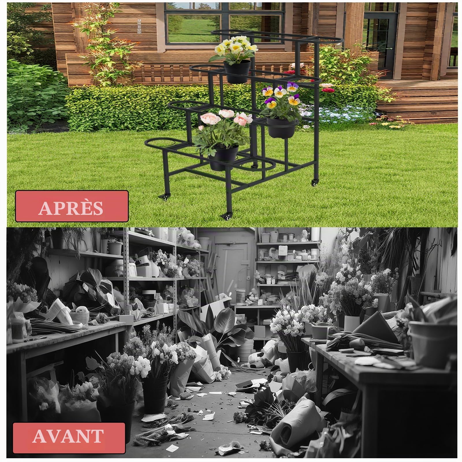 uyoyous Support de Plantes à 4 Étages, Support pour Plantes en Métal Étagère à Fleurs d'Intérieur et d'Extérieur avec Roulettes pour Balcon, Jardin, Salon, Ne comprend pas les 16 pots de fleurs, Noir